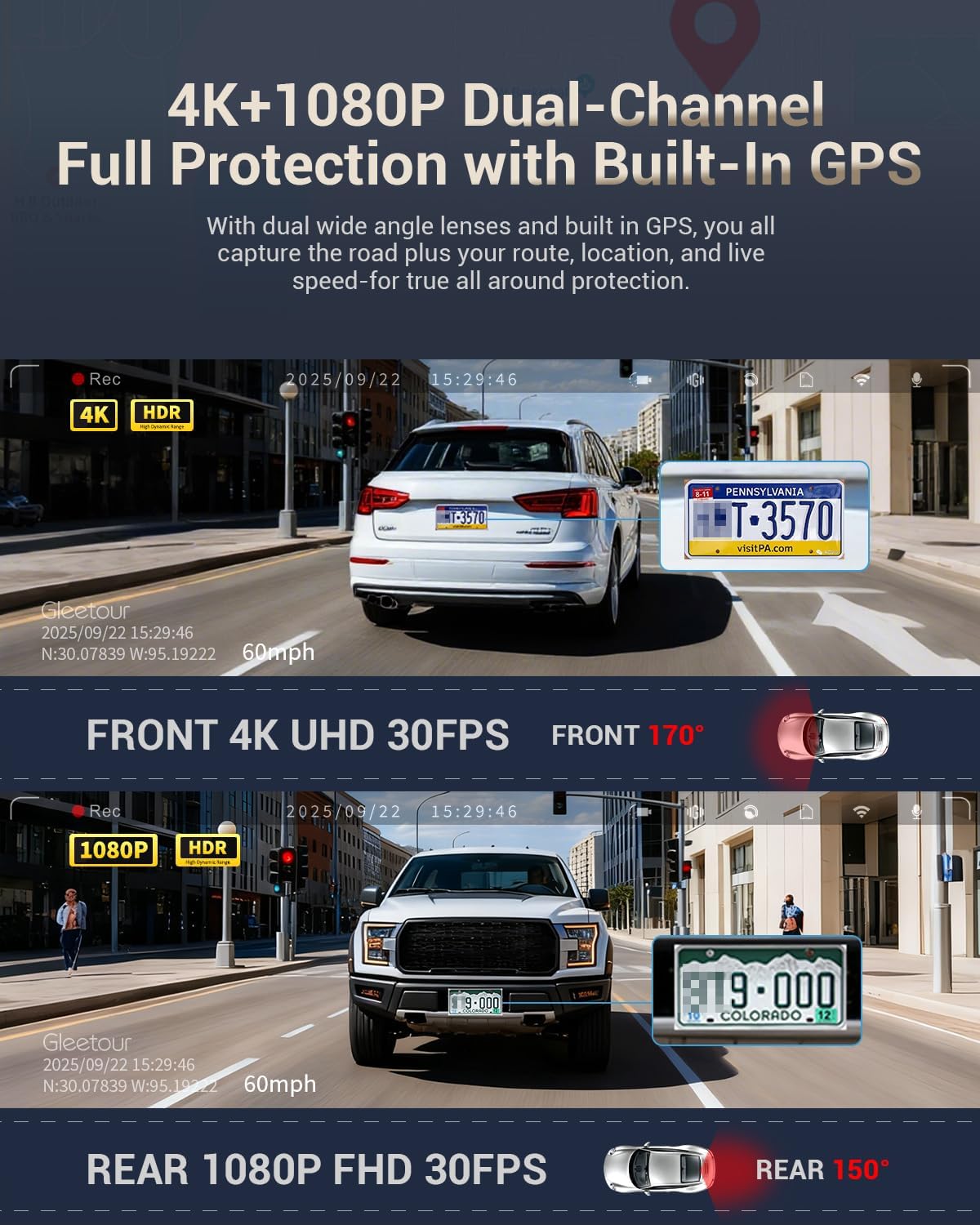 Dash Cam Front and Rear, 4K HDR Dash Camera for Cars, 3" IPS Screen Dash Cam Built-in GPS with 5.8G WiFi UHD Night Vision Free 64G Card, Parking Monitor, G-Sensor