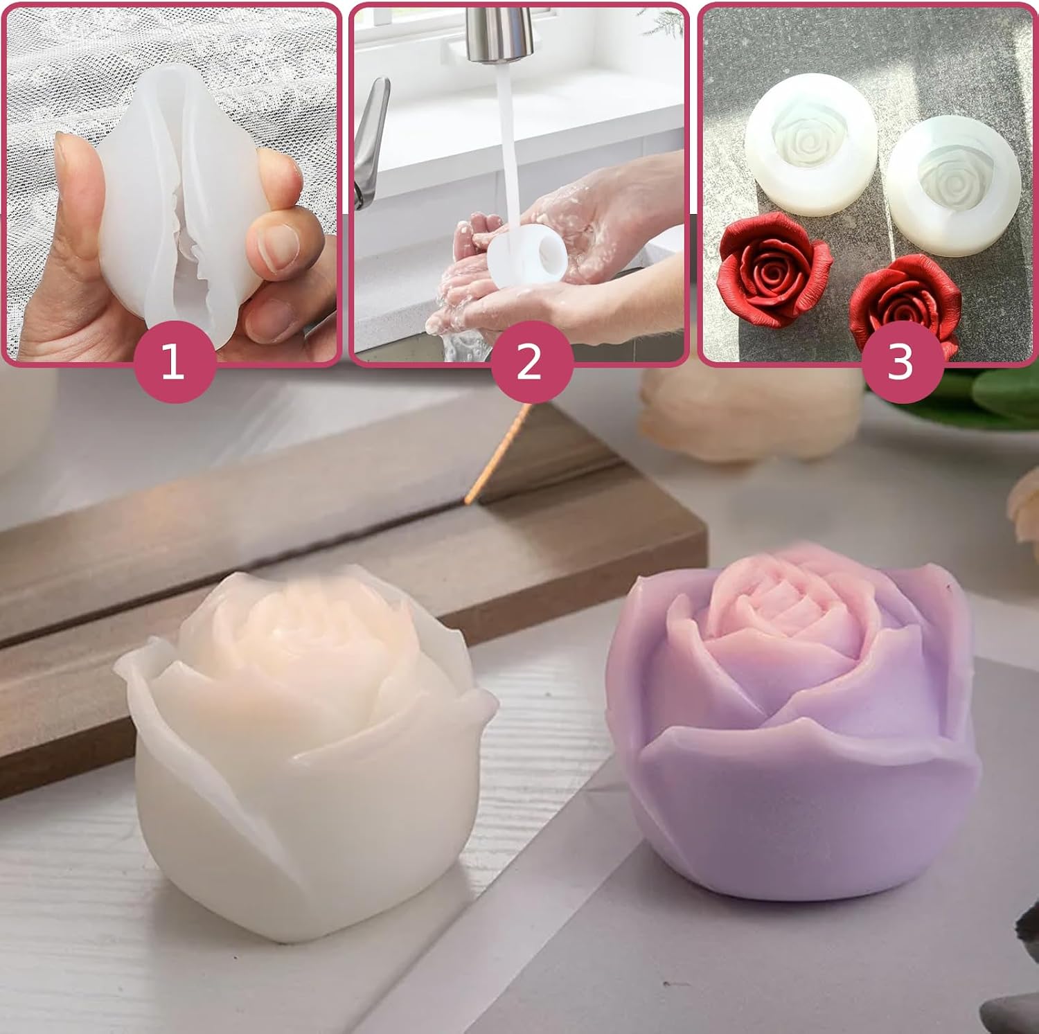4Pcs Flower Candle Mold – Silicone Rose Candle Mold for Candle Making, Wax Molds for DIY Christmas Candles, Resin Crafts, Soap, Wax Melts, Holiday Silicone Candle Making Molds