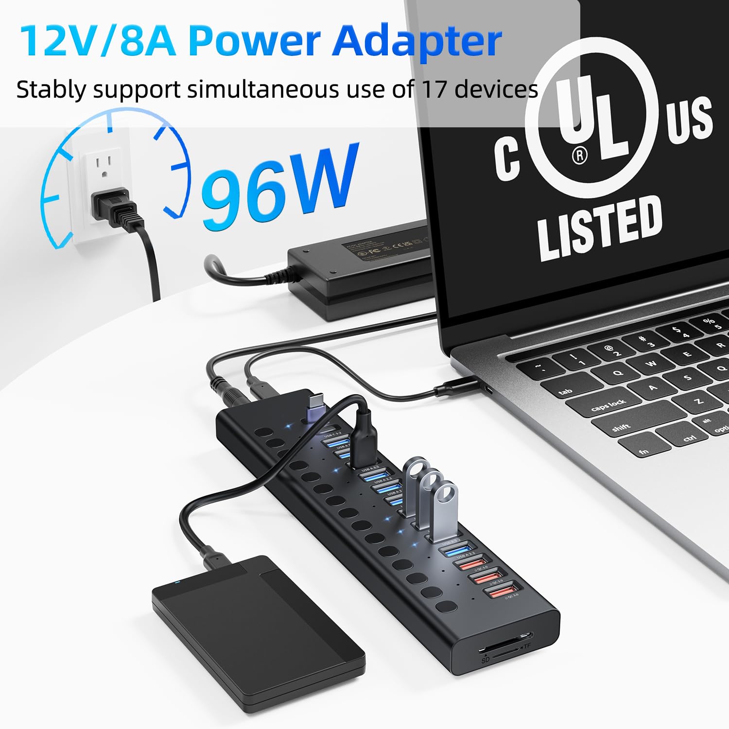 VANGREE Hub USB 3.0 Hub de 17 puertos 90 W (10 puertos USB 3.0 + 3 puertos de carga rápida QC24W + 2 puertos USB-C 3.0 + lector de tarjetas SD/TF), interruptores individuales de encendido/apagado