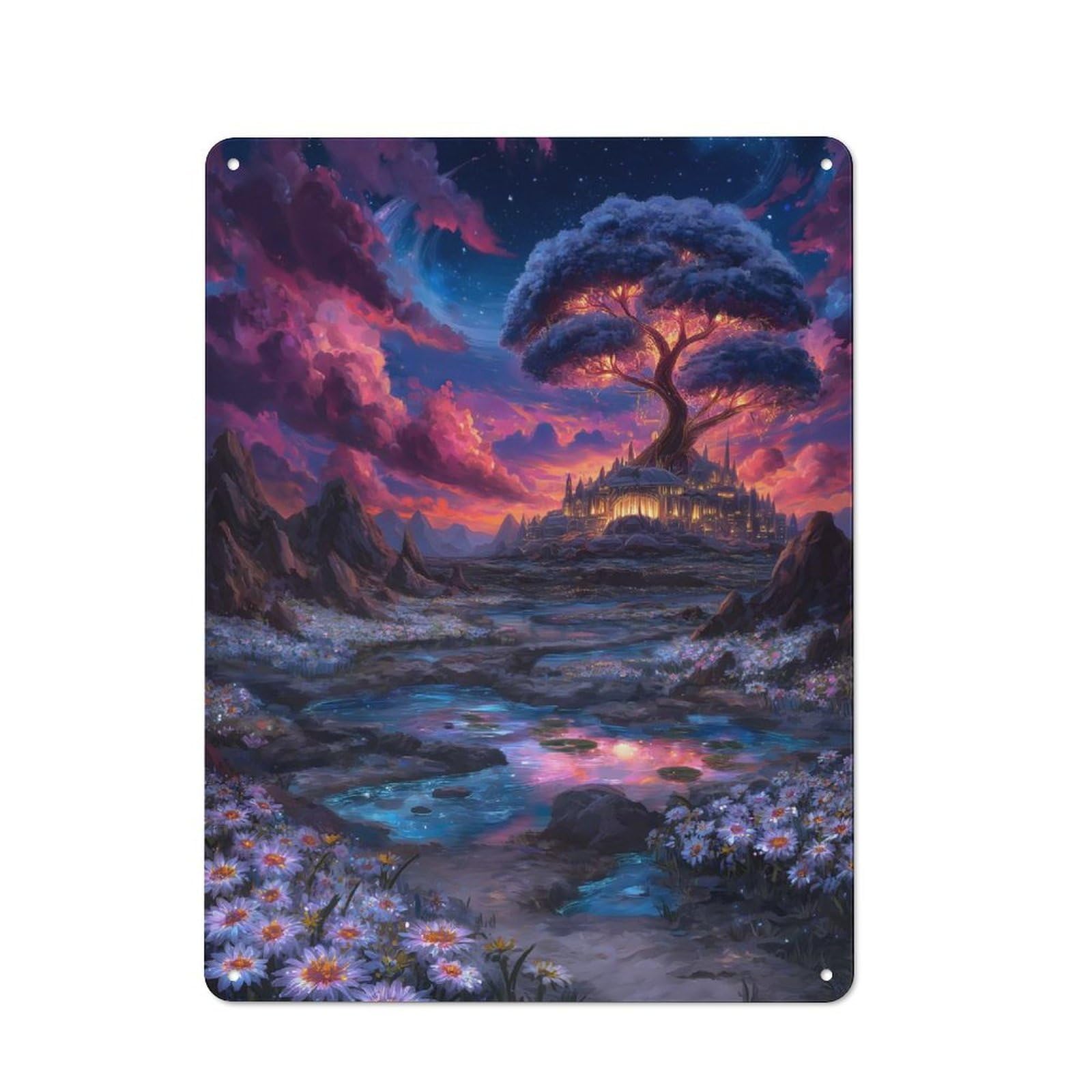 Junmoney Fantasy Landscape With Tree And Castle Rustic Metal Wall Sign 40X30cm For Café Or Restaurant, Gift Idea At Christmas For Café Owners And Decorators
