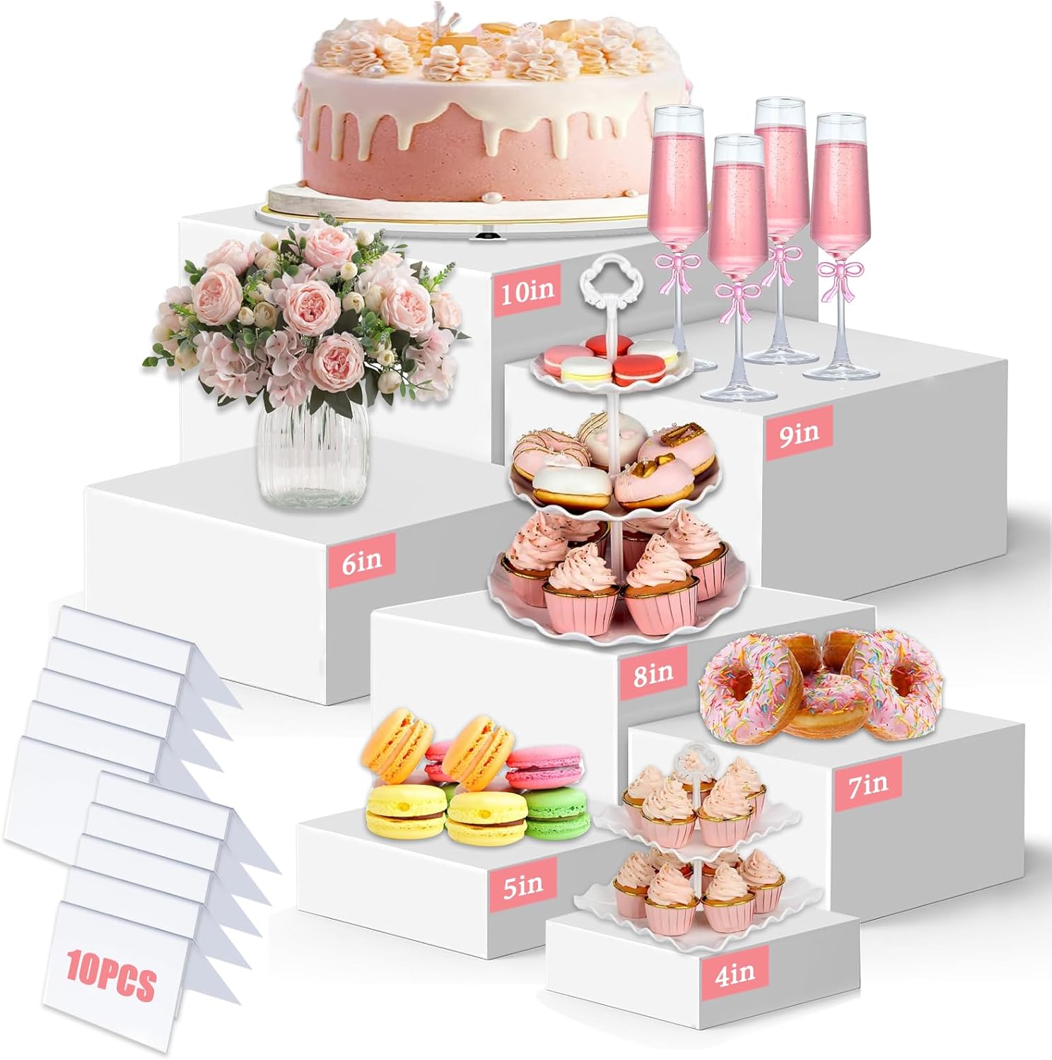 7PCS Acrylic Buffet Risers, Food Risers for Buffet Table Dessert Table Display Set Cupcake Stands Shelf Catering Supplies, Large White Cube Boxes for Food Display Ith Hollow Bottoms