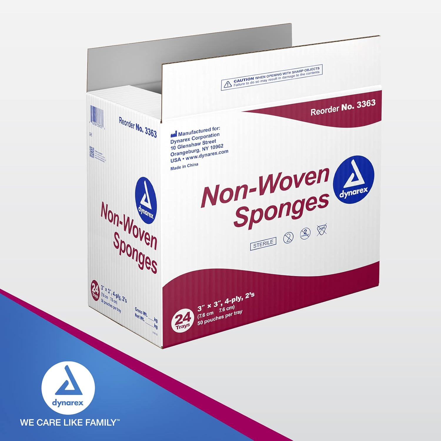 Dynarex Non-Woven Sponges, Sterile, Gauze Sponges, for Cleansing, Prepping and Dressing, Highly-Absorbent and with Less Linting, 3"x 3", 4 Ply, 1 Case of 1200 Non-Woven Sponges (24 Boxes of 50)