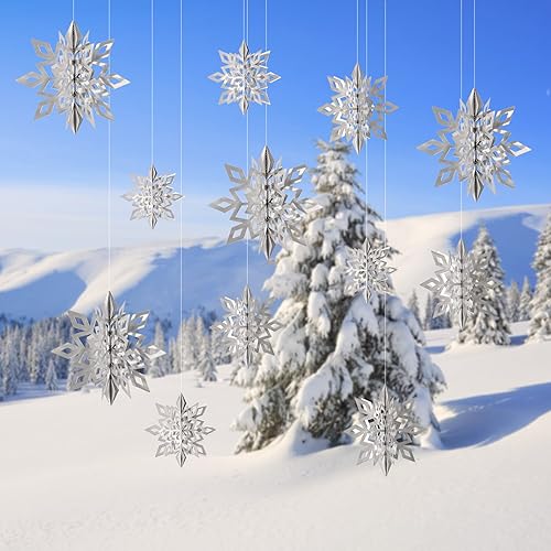 Miniatura 5 de Decoraciones colgantes de copos de nieve de Navidad, 12 unidades, adornos colgantes de copos de nieve plateados grandes en 3D, guirnalda para
