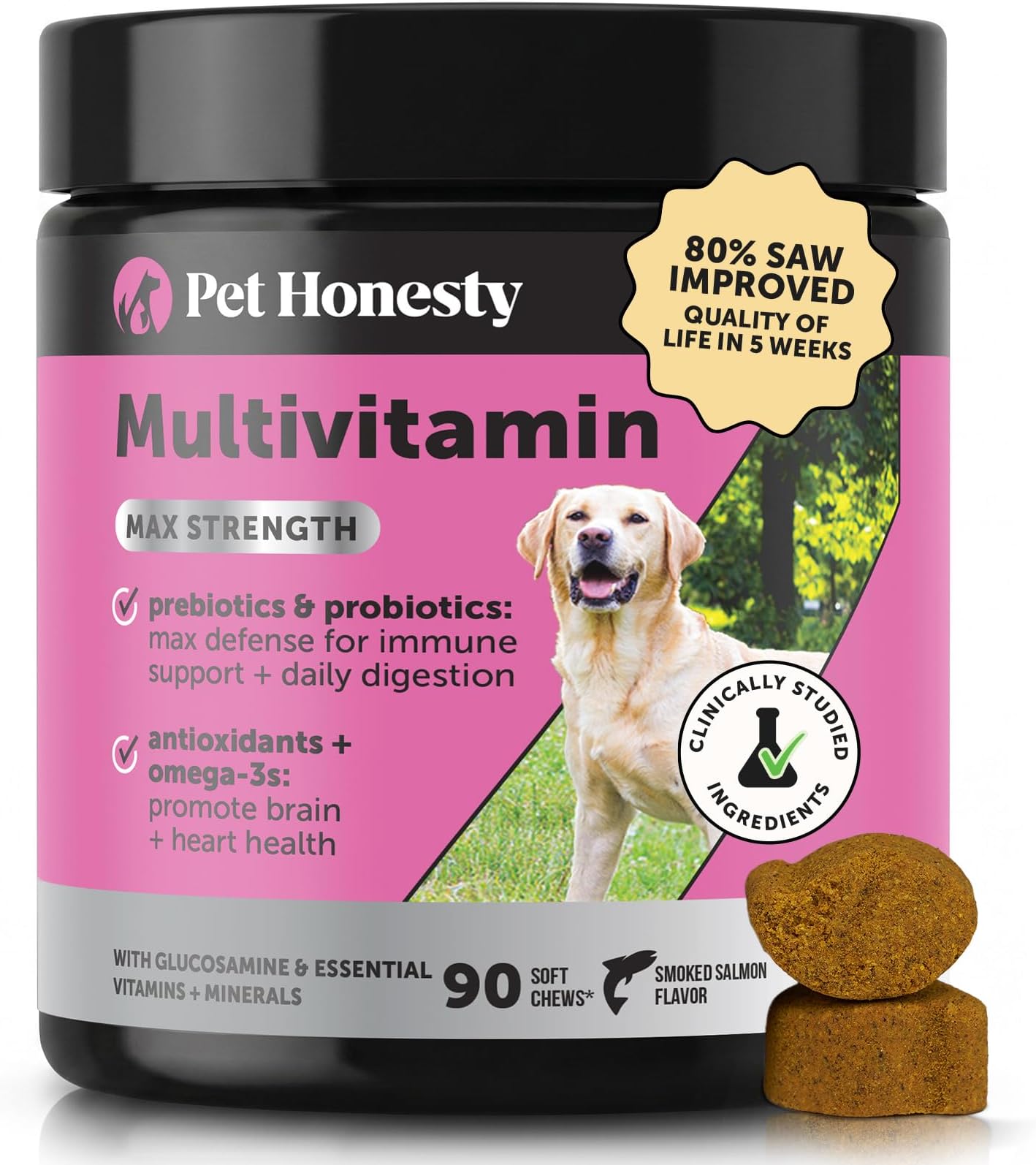 Max Strength Dog Multivitamin with Glucosamine & Probiotics - Advanced 15-in-1 Supplement for Hip & Joint Support, Digestive Health, Immune & Heart Care - High Potency Omega-3 Vitamins (Salmon, 90 Ct)