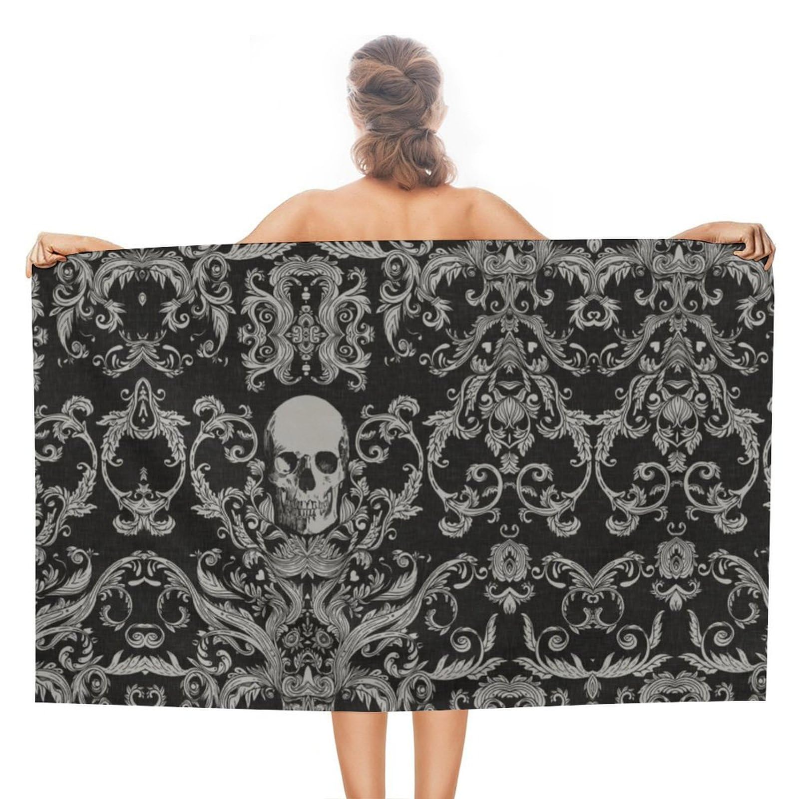 LEDFCVSU Beach Towel, Black Skull Bath Towel, Absorbent Towel for Swimming, Sports, Travel