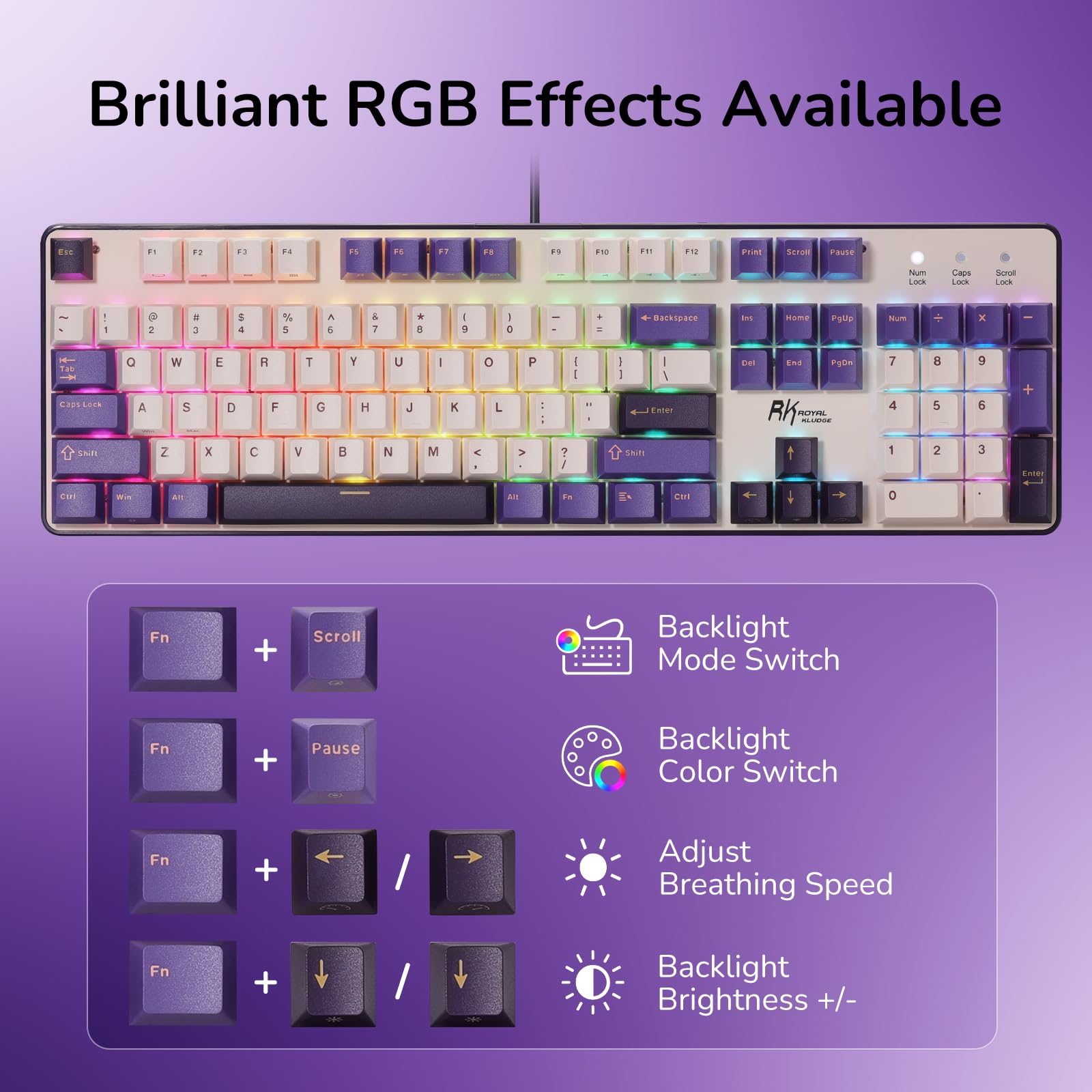 RK ROYAL KLUDGE RK920 przewodowa klawiatura mechaniczna, pełnowymiarowa, 104-klawiszowa, podświetleniem RGB numerycznym, możliwością wymiany podczas pracy, klawisze nakładkami PBT, Win/Mac, QWERTY