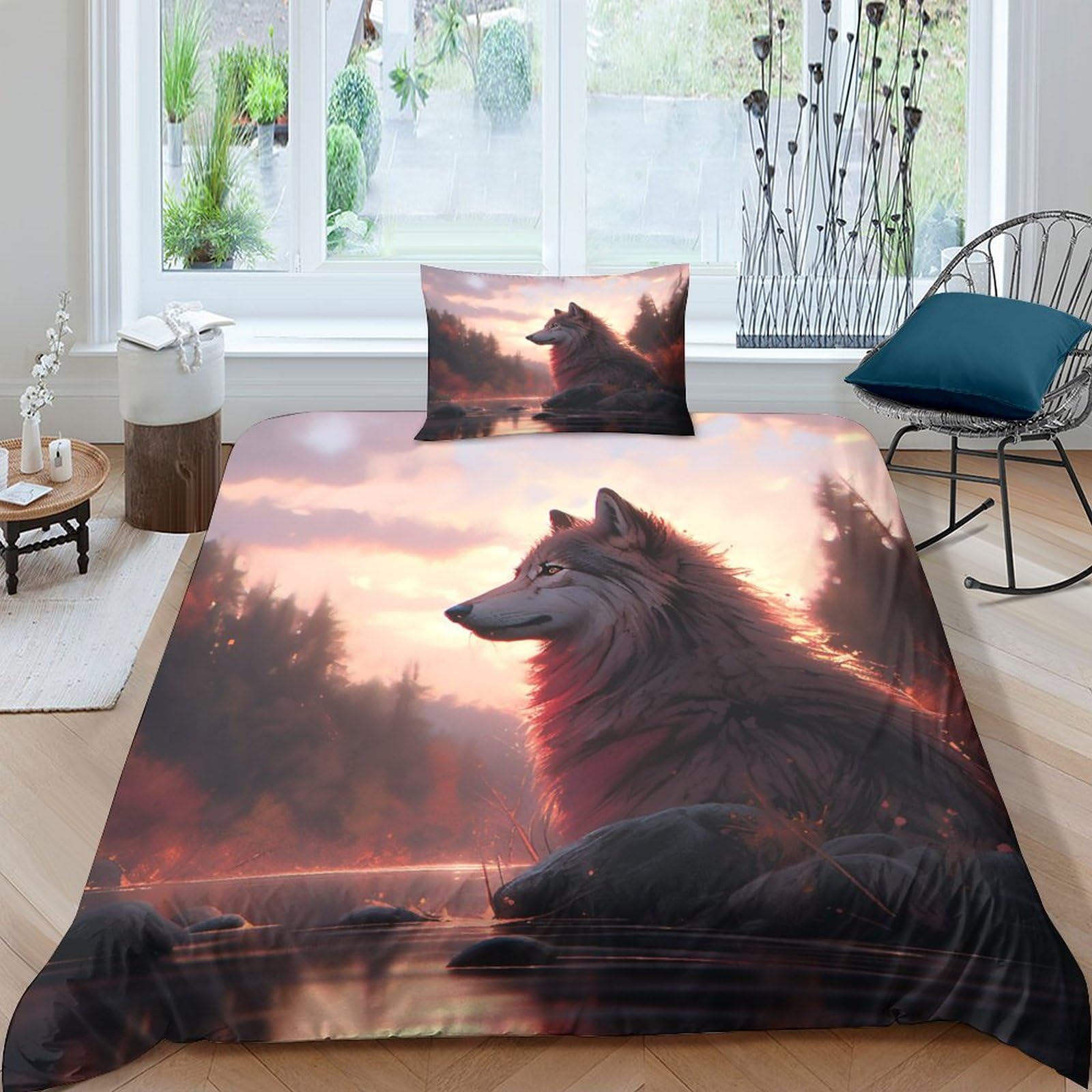 Housse de couette loup au bord de la rivière pour créer une ambiance cabane en forêt