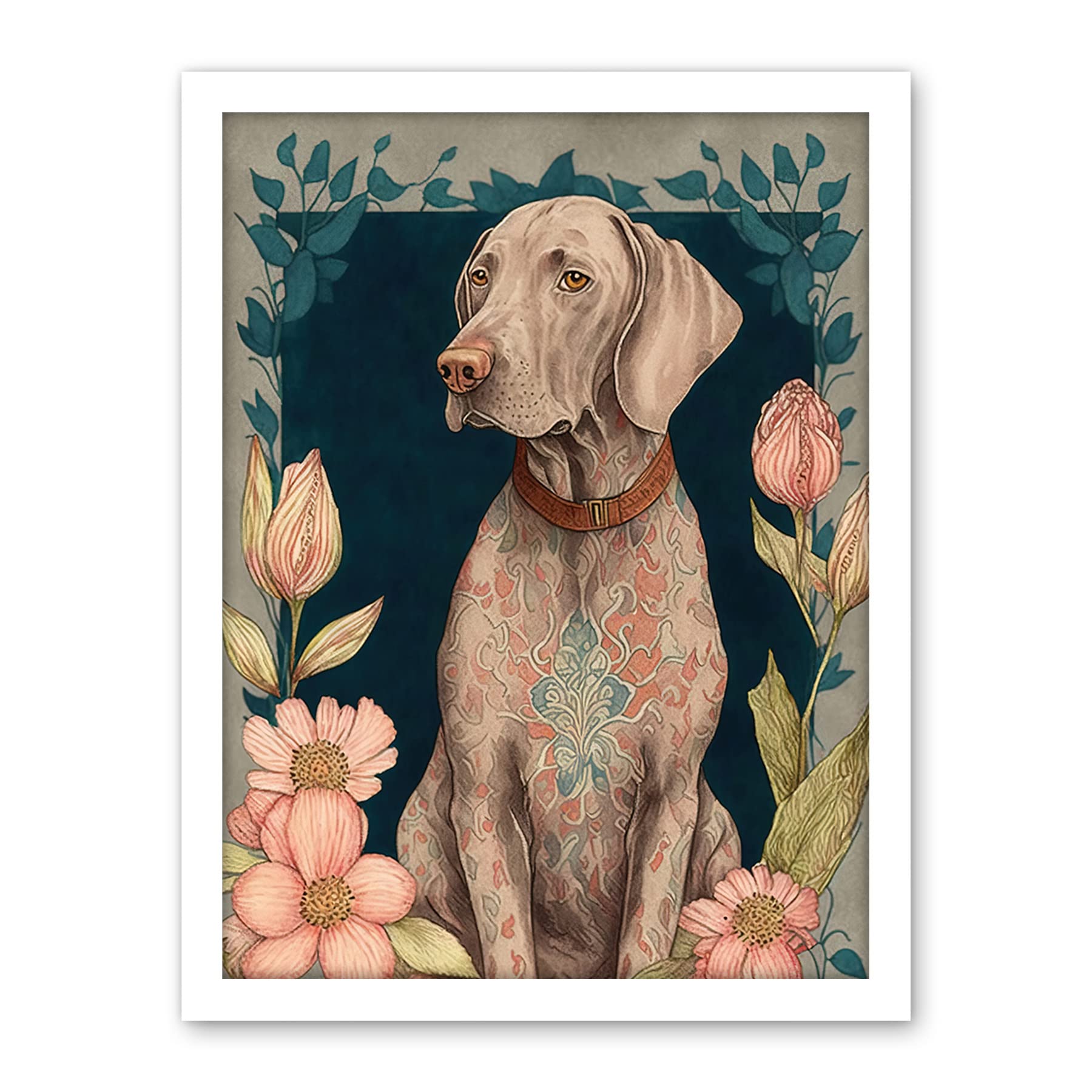 Artery8 Grey Weimaraner Dog with Ornate Pattern Fur Coat and Flowers Modern Art Nouveau Illustration Artwork Framed Wall Art Print 18X24 Inch