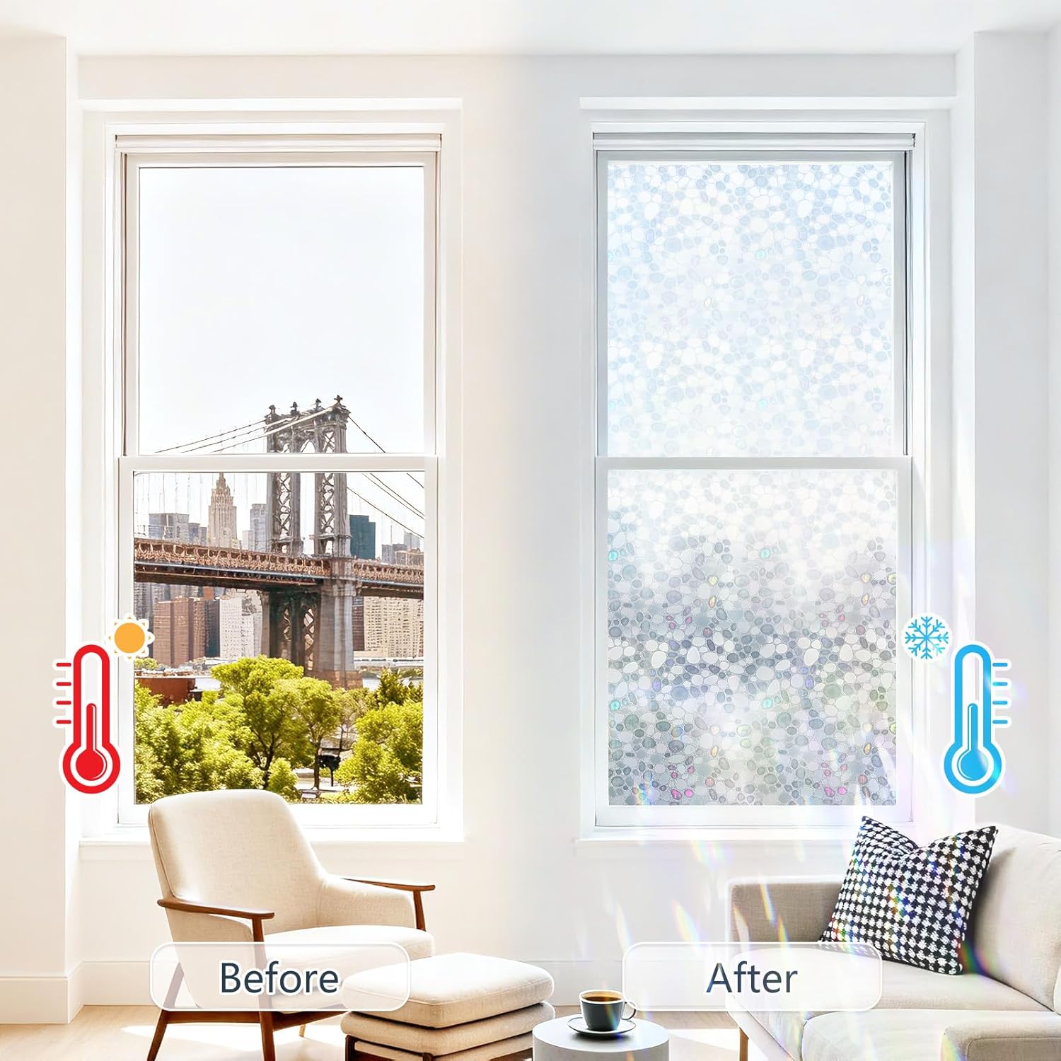 JAYONG Window Privacy Film - Rainbow Stained Glass Window Film, Static Cling Heat Control Sun Blocking Window Tint for Home Office,3D Pebble,17.5 x 196.8 Inch