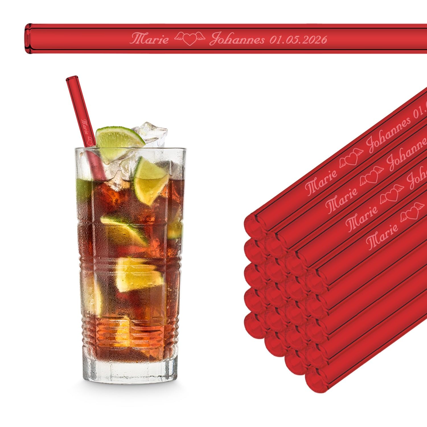 Pailles en verre personnalisées avec gravure 20 cm cadeaux d'invités rouge