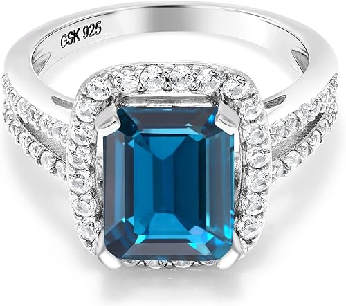 Gem Stone King 4.62 Cttw London Blue Topaz Engagement Ring For Women Emerald Cut 10X8MM 925 Sterling Silver Gemstone Birthstone Wedding