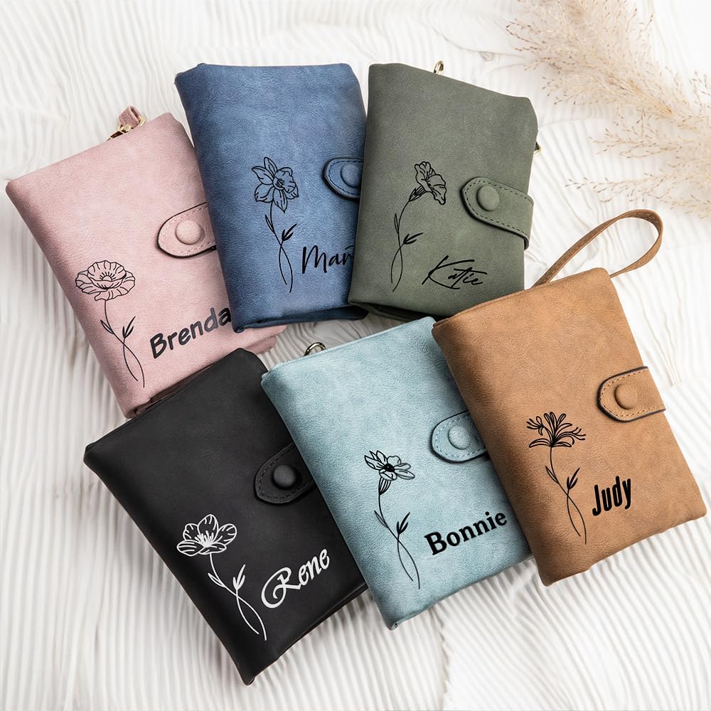 Custom Wallets For Women Tri-fold Personalized Engraved Name Leather Wallet For Mom Small Birth Flower Wallet With Wrist Strap Credit Card Holder Purse Gifts For Girls 6 Colors - Image 8