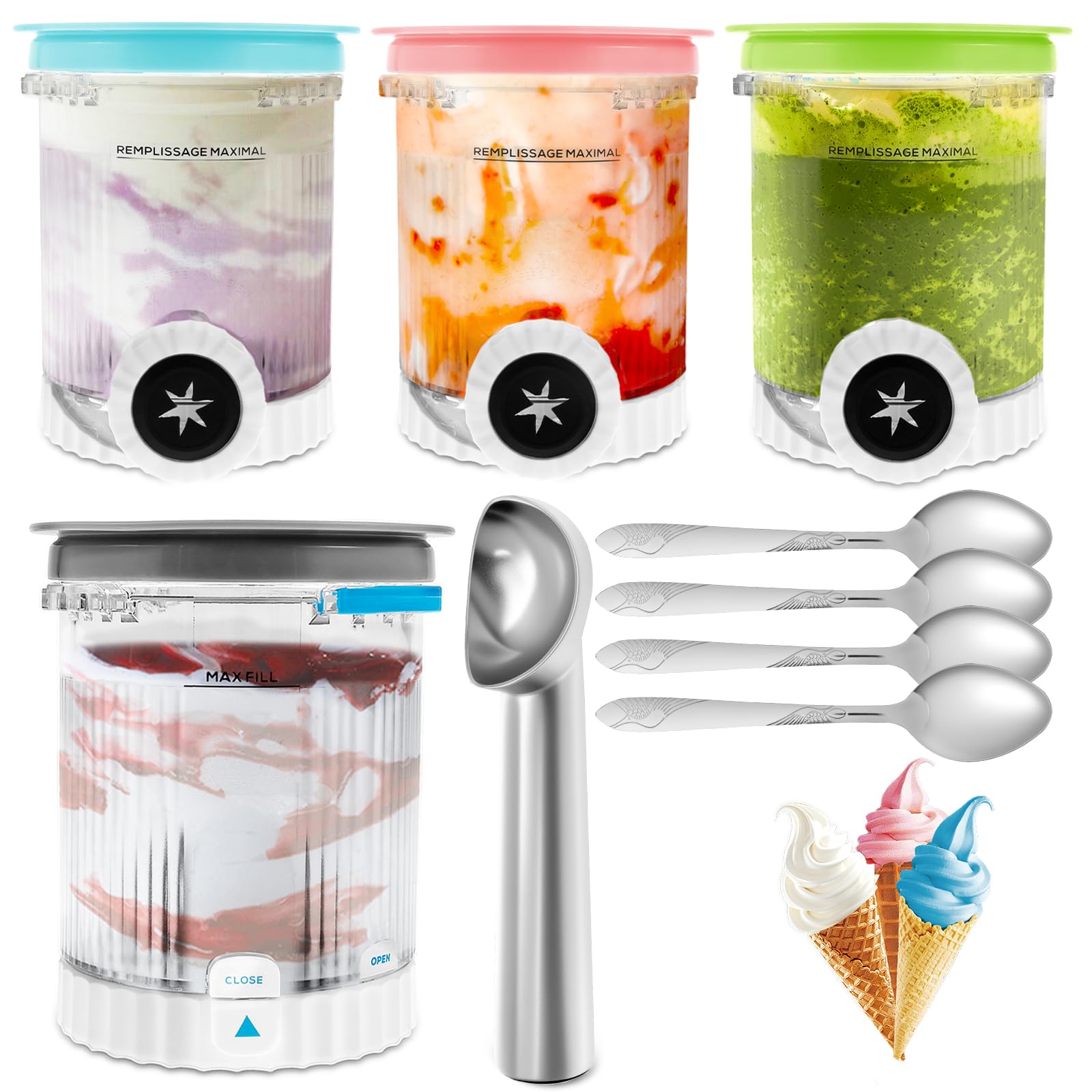Hzuizxyo 4 Sets 2/4Pcs Ice Cream Pint Container With Lids,473 Ml Plastic Ice Cream Swirl Pint Cup Dishwasher Safe Swirl Tubs Containers Compatible With Nc700 Series/Nc701/Nc701c(4 Sets)