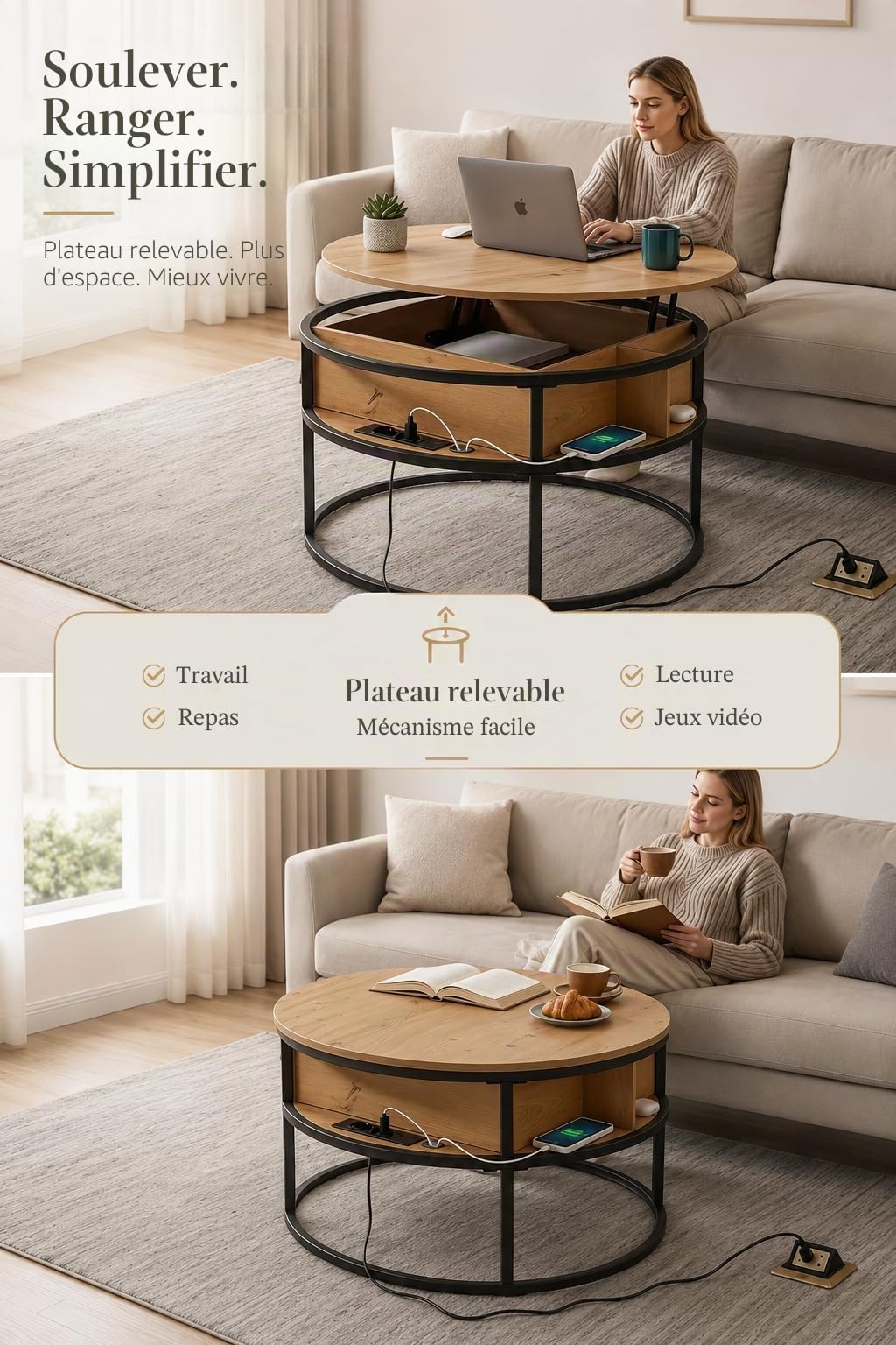 Table Basse Relevable avec Rangement Caché, Table Basse Ronde Salon 80 x 80 x 48cm, Table de Salon Moderne avec Prise USB Type C et Éclairage LED, Coffee Table, Forte Charge Portante