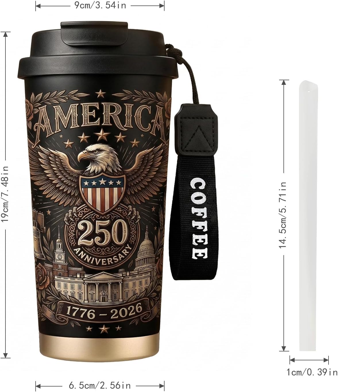 250th Anniversary Coffee Mug, 18 oz Insulated Mug, 250 Years America Garden Flag, Vintage Patriotic Design with 1776-2026 Dates, Military Anniversaries, Retirement & Holiday Commemorative Gift, Black