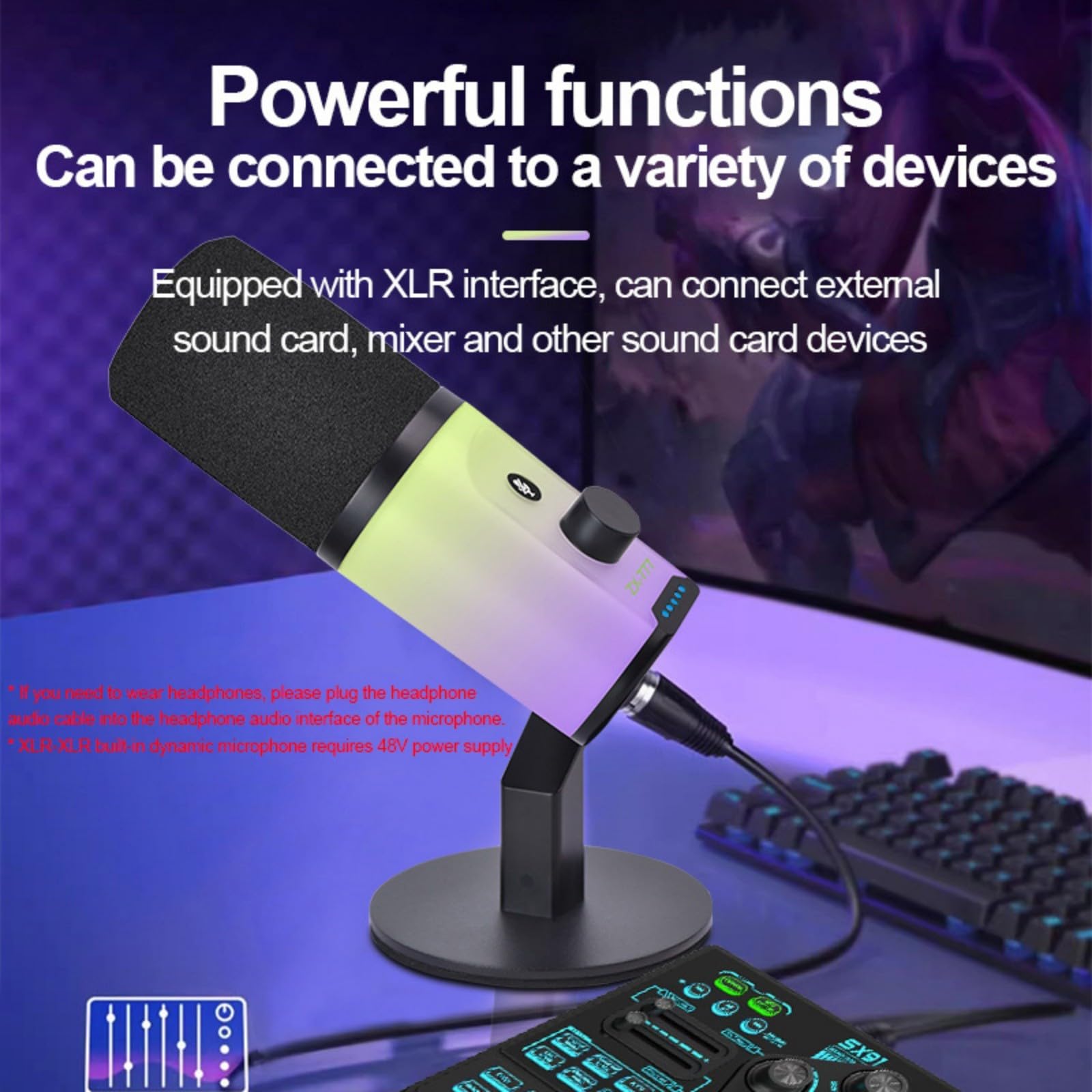 Microfono USB Power con suono di qualità da studio, illuminazione a colori, controllo rapido della sensibilità, microfono USB per streaming antiurto con illuminazione dinamica