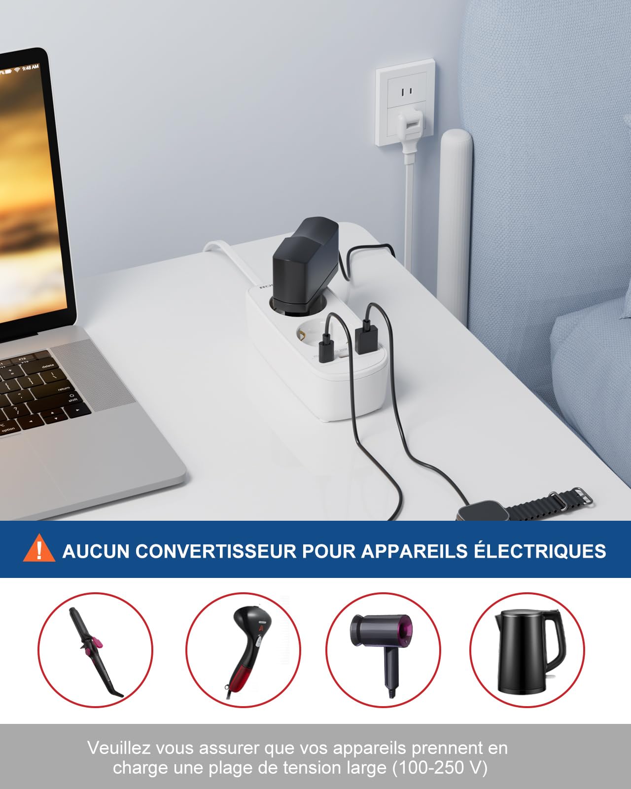 Adaptateur Prise Japon, 5 en 1 Adaptateur Japon avec 3 USB (PD20W/QC3.0), Double Prise pour Japon, Panama, Thaïlande, Viêt Nam, Taïwan, 1,5 M Câble, Type A