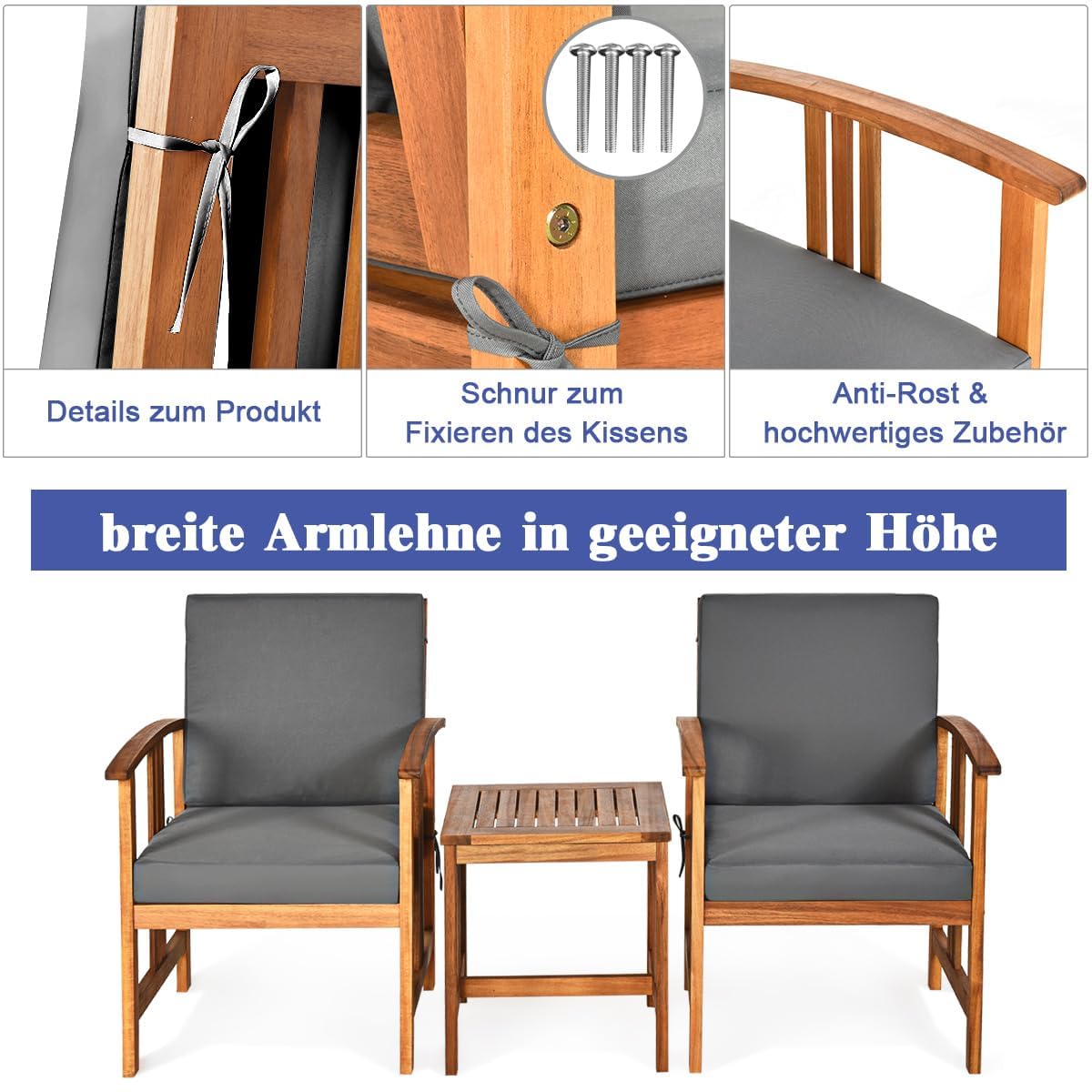 FANTASK 3-TLG Balkonset aus Akazienholz, Balkonmöbel inkl. Beistelltisch und 2 Stühlen, 3-teiligen Gartenmöbel Set, mit 2 Sitzkissen & 2 Rückenkissen, für Garten, Balkon