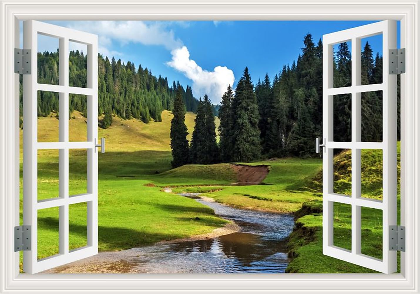 Removable Wall Stickers/Wall Mural - Nature Green Trees Snow Mountain Landscape Open Window View Wallpaper for Living Room Peel and Stick Home Decor Art for Bedroom Basement (32x48 Inches)