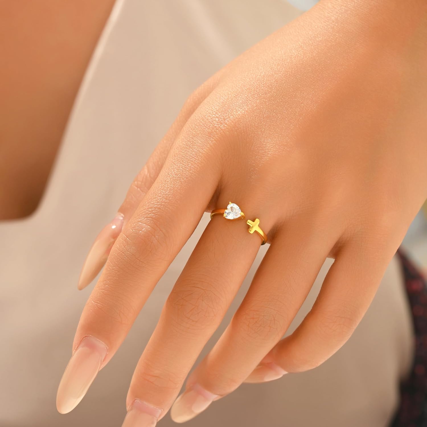 Cross Heart Ring for Women,14K Gold Plated Cross Heart Faith Ring for Mother Daughter 925 Sterling Silver Heart CZ Religious Eternity Open Rings Adjustable Pray Jesus Christian Rings Mother's Day Gifts Easter Basket Stuffer