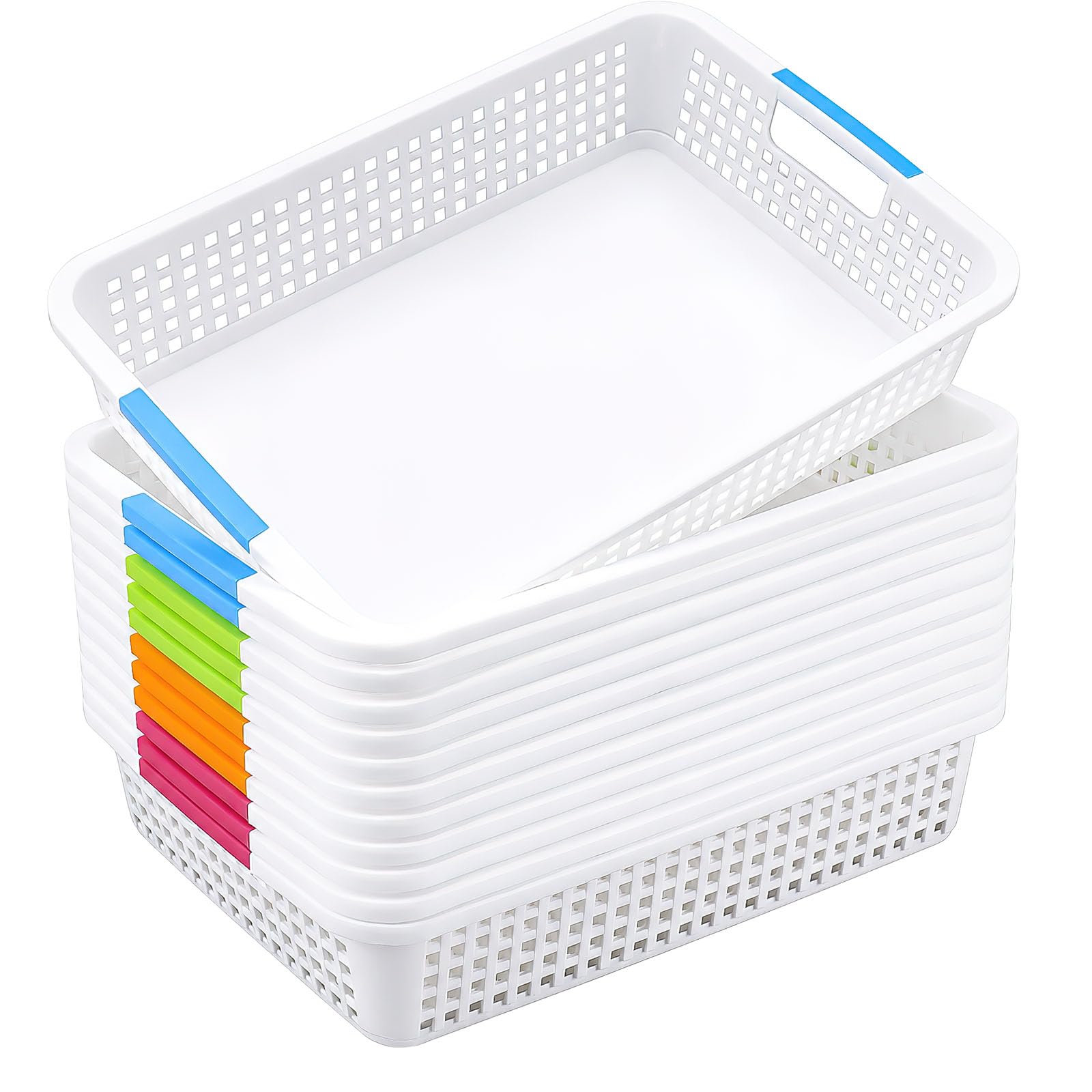 Große Kunststoff-Aufbewahrungskörbe, 38 x 25 x 8 cm, stapelbar, A4-Papierablagen mit Griffen, rechteckiger Schreibtisch-Organizer für Klassenzimmer, Büro, Bibliothek und Kunstbedarf für Kinder, Weiß