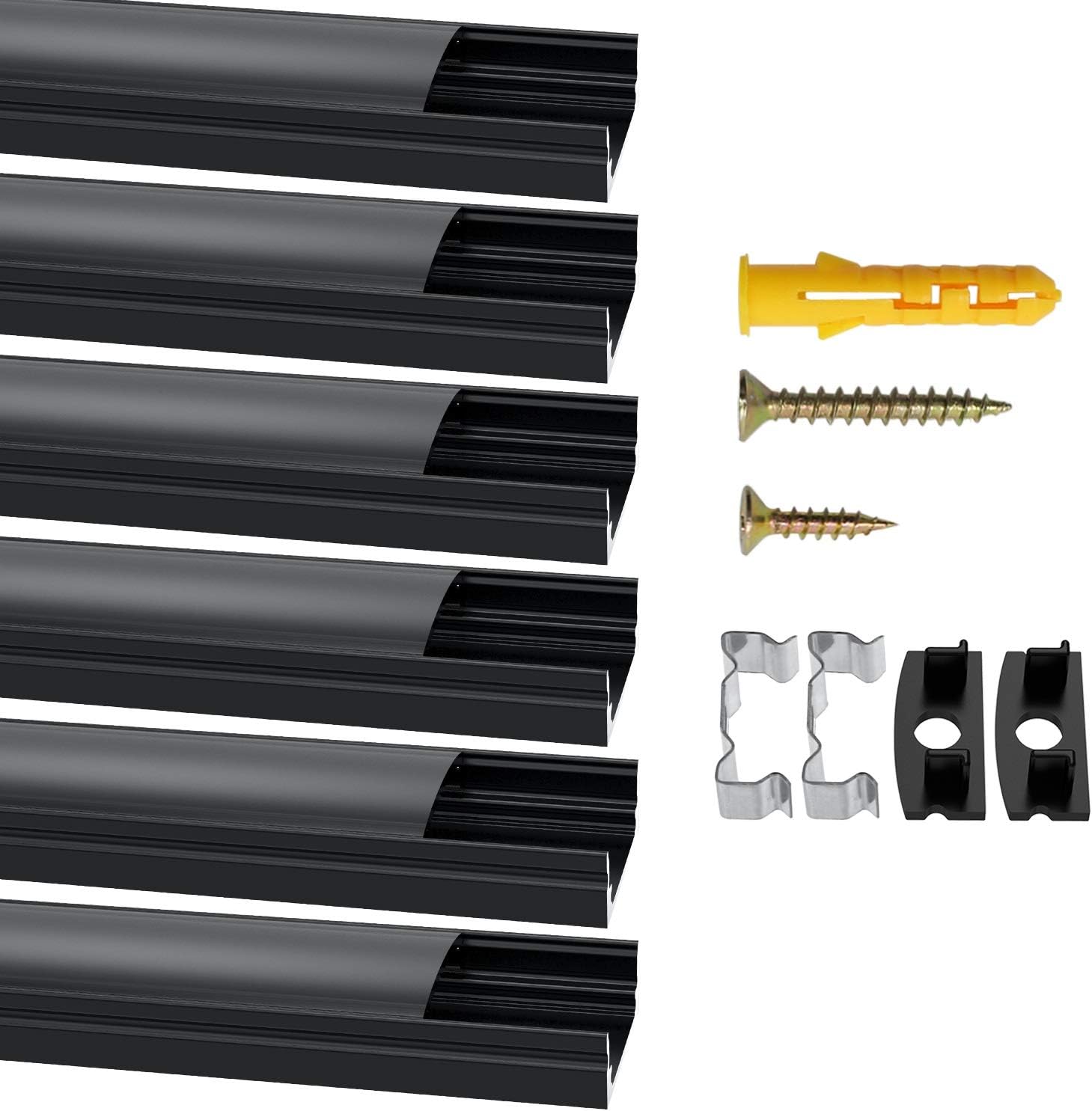 Jirvyuk Aluminium Led Profile, 1m/3.3ft LED Diffuser, Led Profile Channel for LED Strip Lights with Black Cover Indoor, End Caps and Metal Mounting Clips(U Shape)(6m)