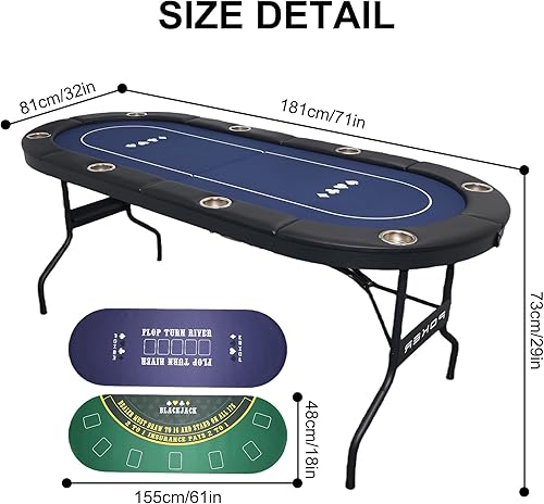 Miniatura 7 de Mesa de póquer plegable 3 en 1 de 6 pies con alfombrilla de juego reversible, mesa de juego para 8 jugadores con 8 portavasos, adecuada para Texas