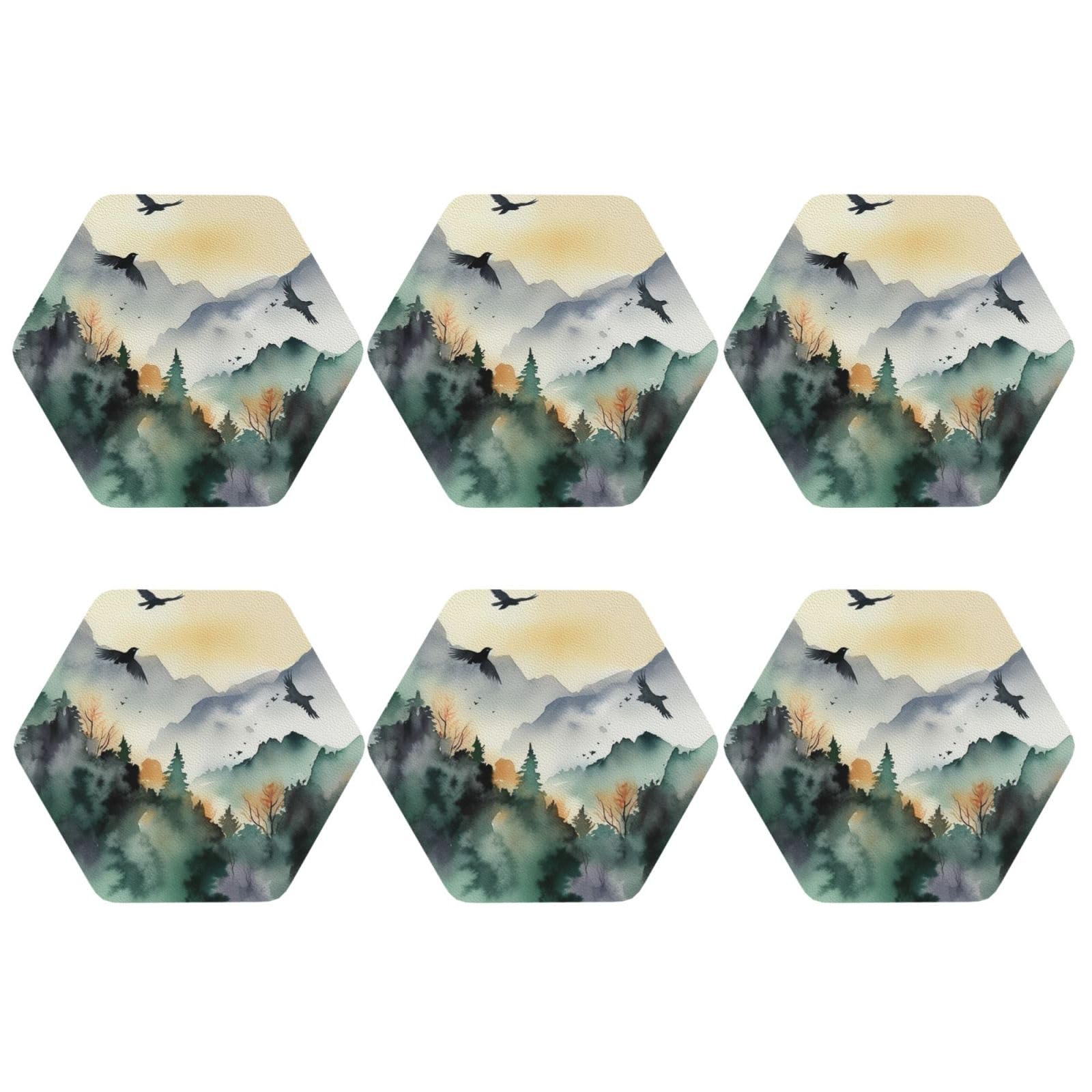 6pcs Leather Coasters for Drinks, Mountain Birds Watercolor Drink Coasters for Tabletop Protection, 4" Cup Coasters for Coffee Table Decor, Non-Slip Drinking Cup Mat for Hot Or Cold Drink