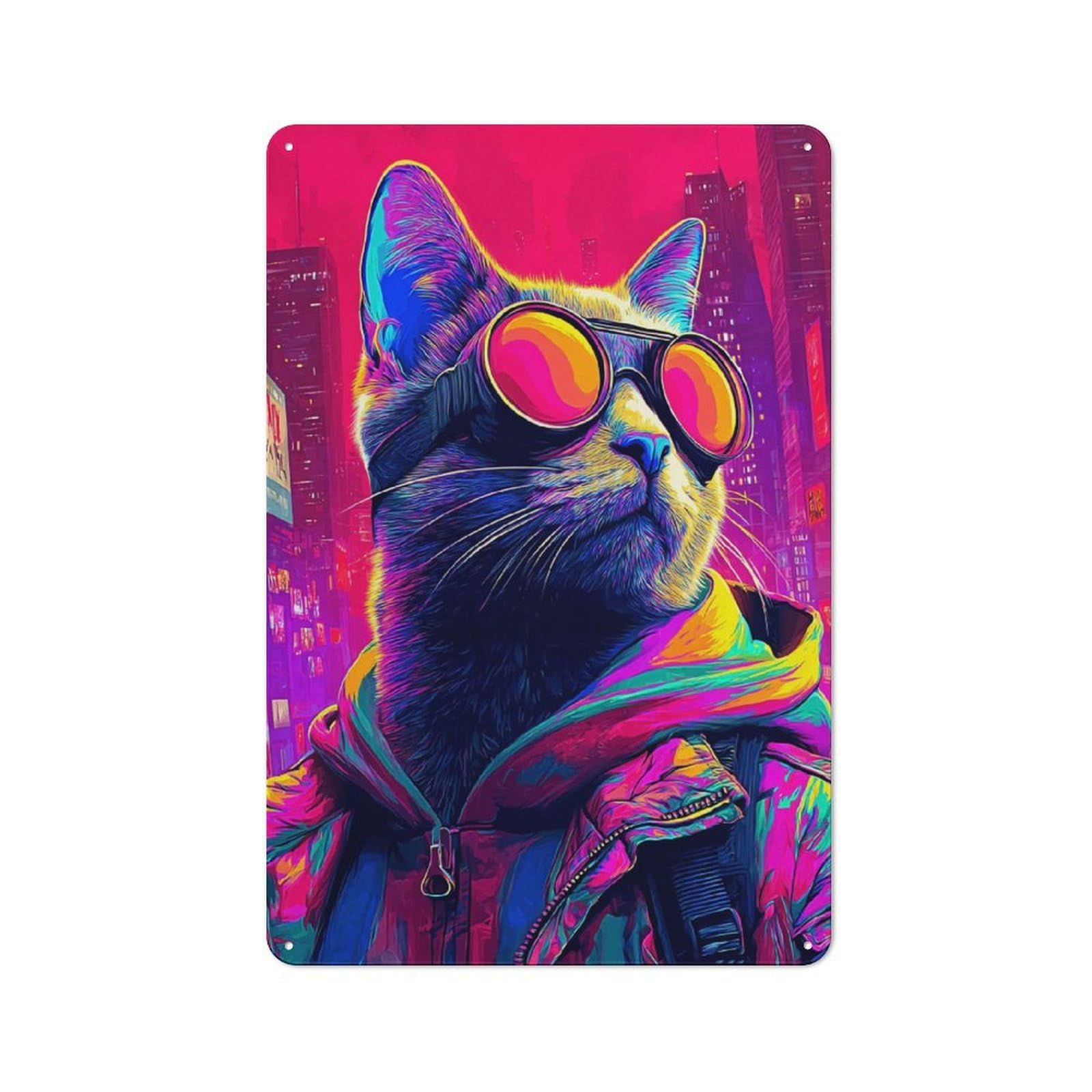 Junmoney Neon Cat In Cityscape Vintage Tin Sign 30X20cm For Pub Or Café, For Everyday Room Decor With A Vintage Look