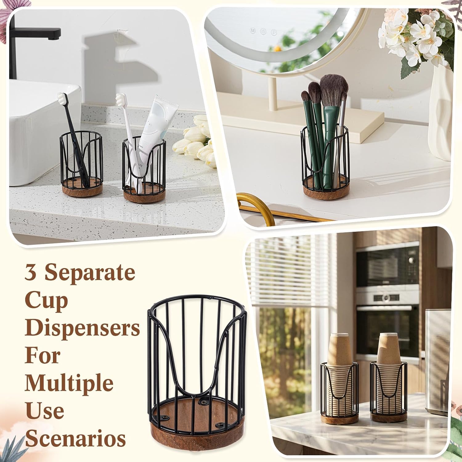 3 Pack Bathroom Cup Dispenser with Wood Stand for 3 oz Cups, Essential Guest Bathroom Accessories for Vanity Countertop Toothbrush Holders, Mouthwash Cup Dispenser, Cotton Pad Rack, Black