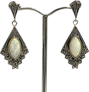 Art Deco Style Gilson Opal with Marcasite Stone Earrings 925 Sterling Silver (White)