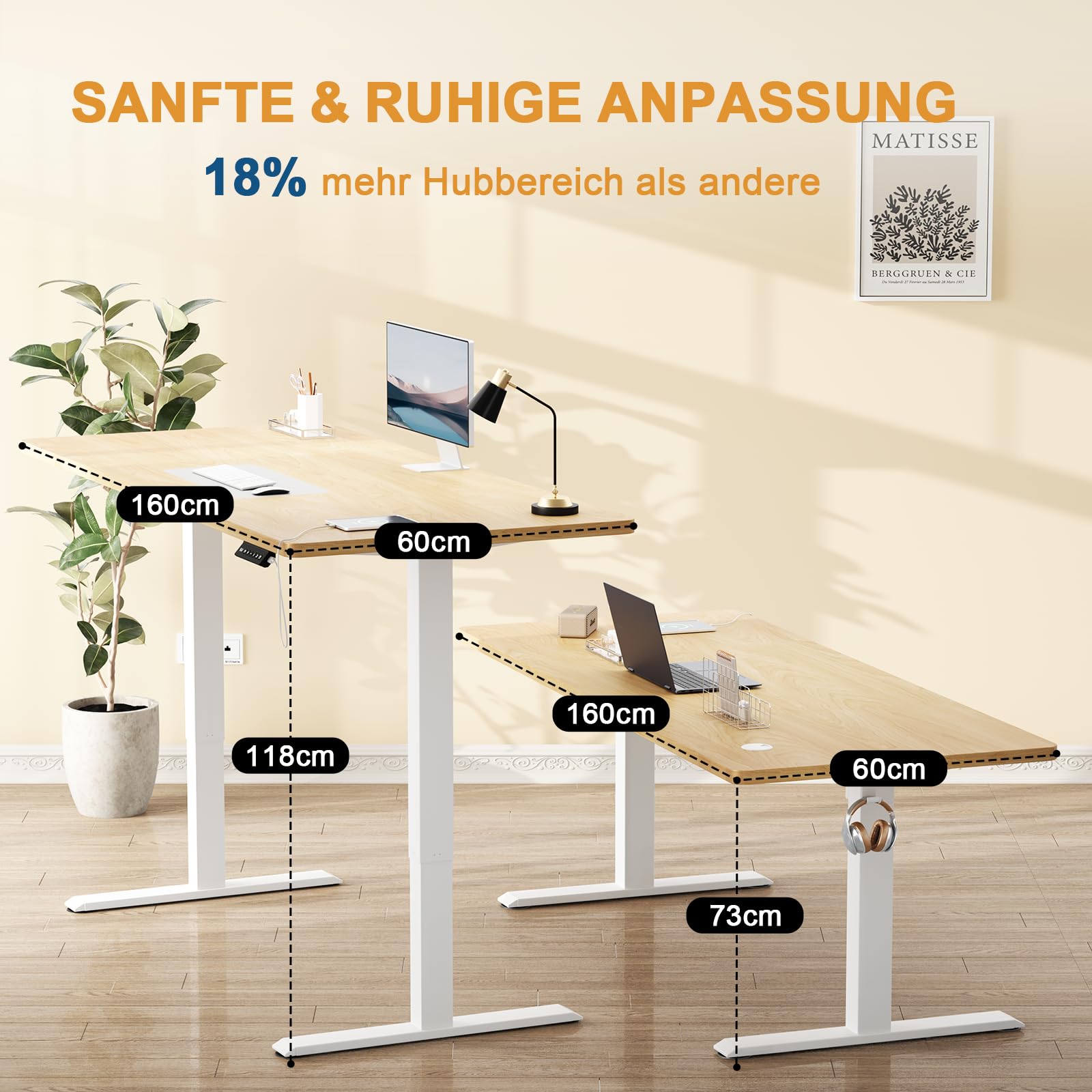 Flamaker Scrivania regolabile in altezza, tavolo intero 160 x 60 cm, scrivania elettrica regolabile in altezza per seduta in piedi, scrivania per computer con funzione memoria, standing desk, beige