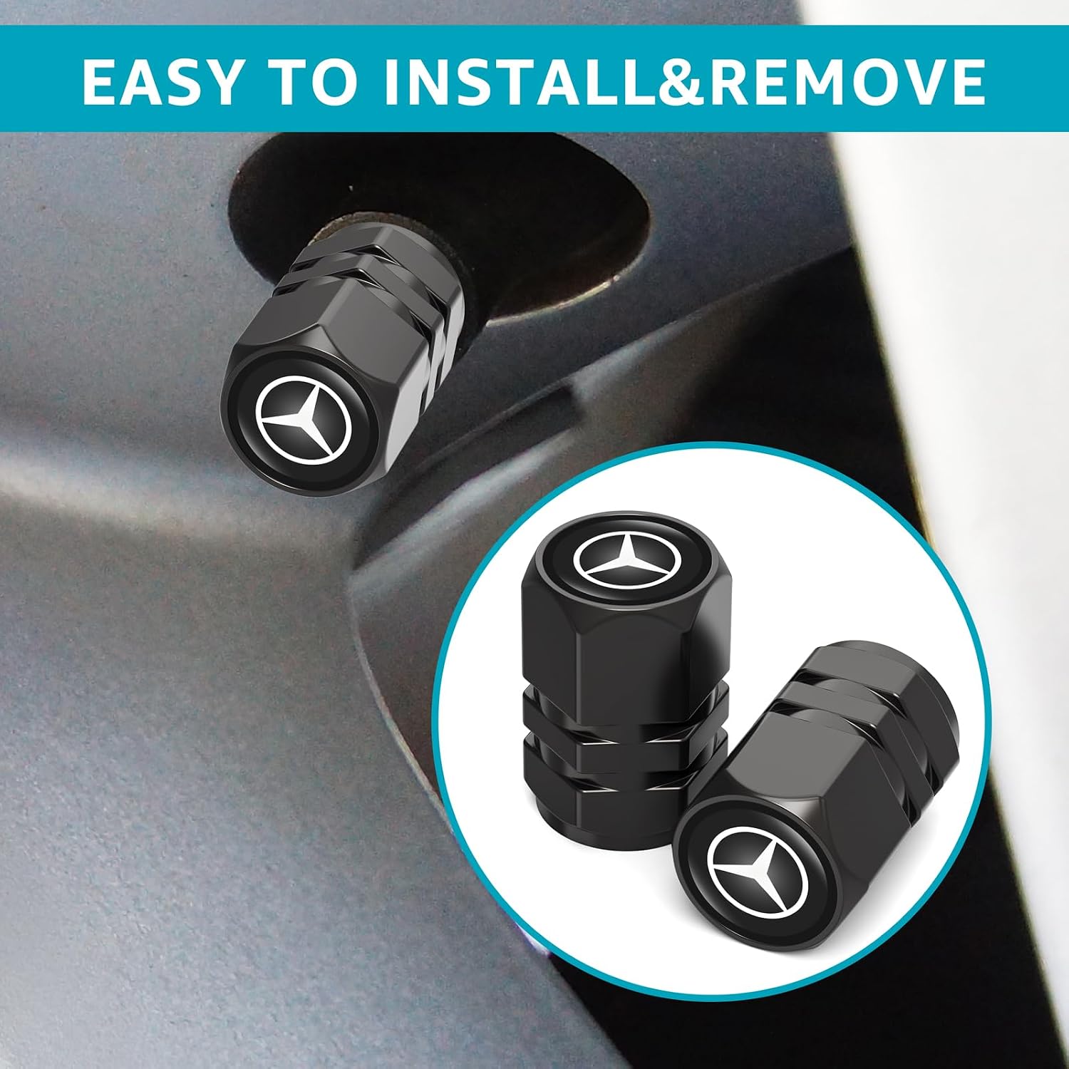 Tire Valve Caps, Valve Stem Caps Fit Mercedes Benz CESM CLK GLK GL AB AMG Series, Alloy Car Tire Caps for Corrosion Resistant Leak-Proof Car Accessories, black1