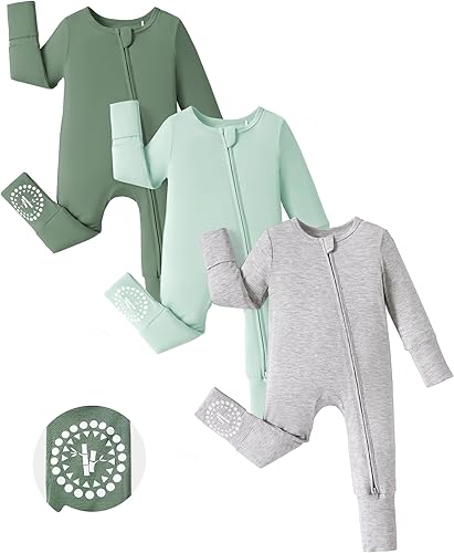 PATPAT Baby Footies Boys Girls - Bamboo Viscose - 2 Way Zipper & Non-Slip Soles Romper Mitten - Footed & Footless Infant Clothes Unisex Jumpsuit 2 Pack Olive/Cyan/Grey 0-3 Months Green/Blue
