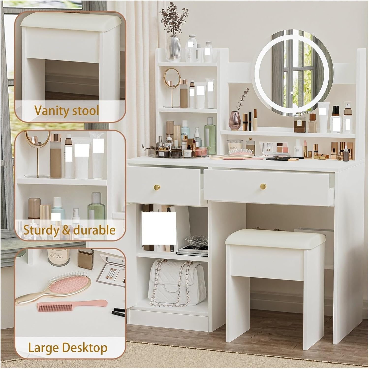 Fashion Vanity Desk with Mirror and Lights for Makeup and Cushioned Chair, Vanity Mirror with Lights and Table Set with 3 Color Lighting Brightness Adjustable,Dressing Table, White Color