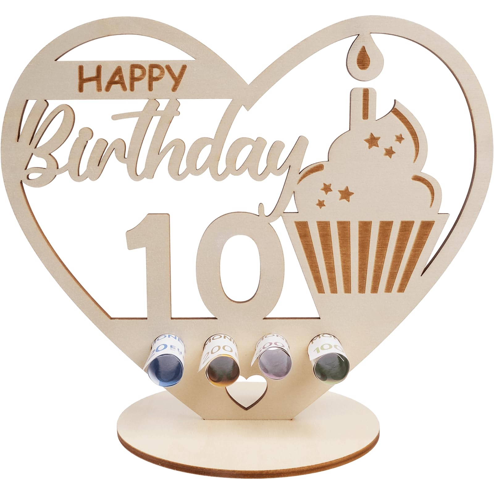 packra Geldgeschenk Geburtstag Herzform, 10 Geldgeschenke Geburtstag Holz-Schild Gästebuch, 10. Geburtstag Geschenk mit Happy Birthday Kuchen, Personalisierbares Geschenk Geburtstag Deko