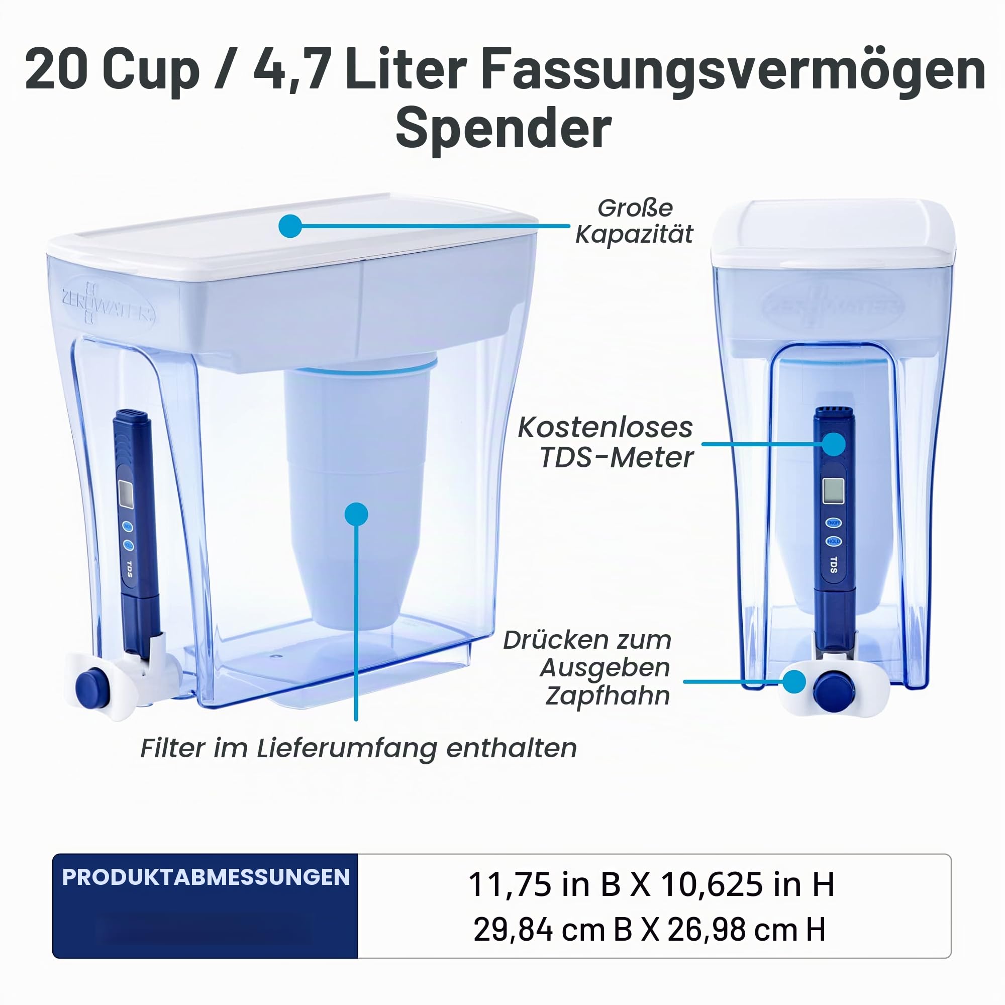 ZeroWater Wasserfilterspender für 20 Tassen, 5-stufig, NSF-zertifiziert, um Blei, andere Schwermetalle und PFOA/PFOS, weiß und blau