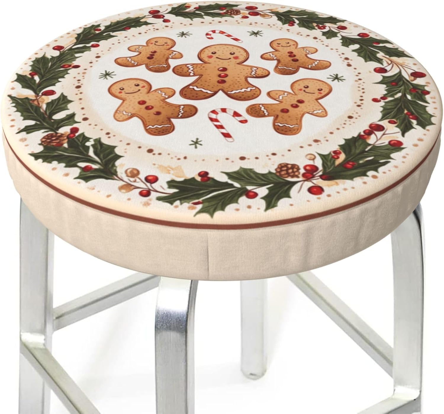 Funny Gingerbread Man Stool Slipcover Round 2 Pieces Set, Christmas Soft Elastic Barstool Seat Cushion Covers for 14 inch