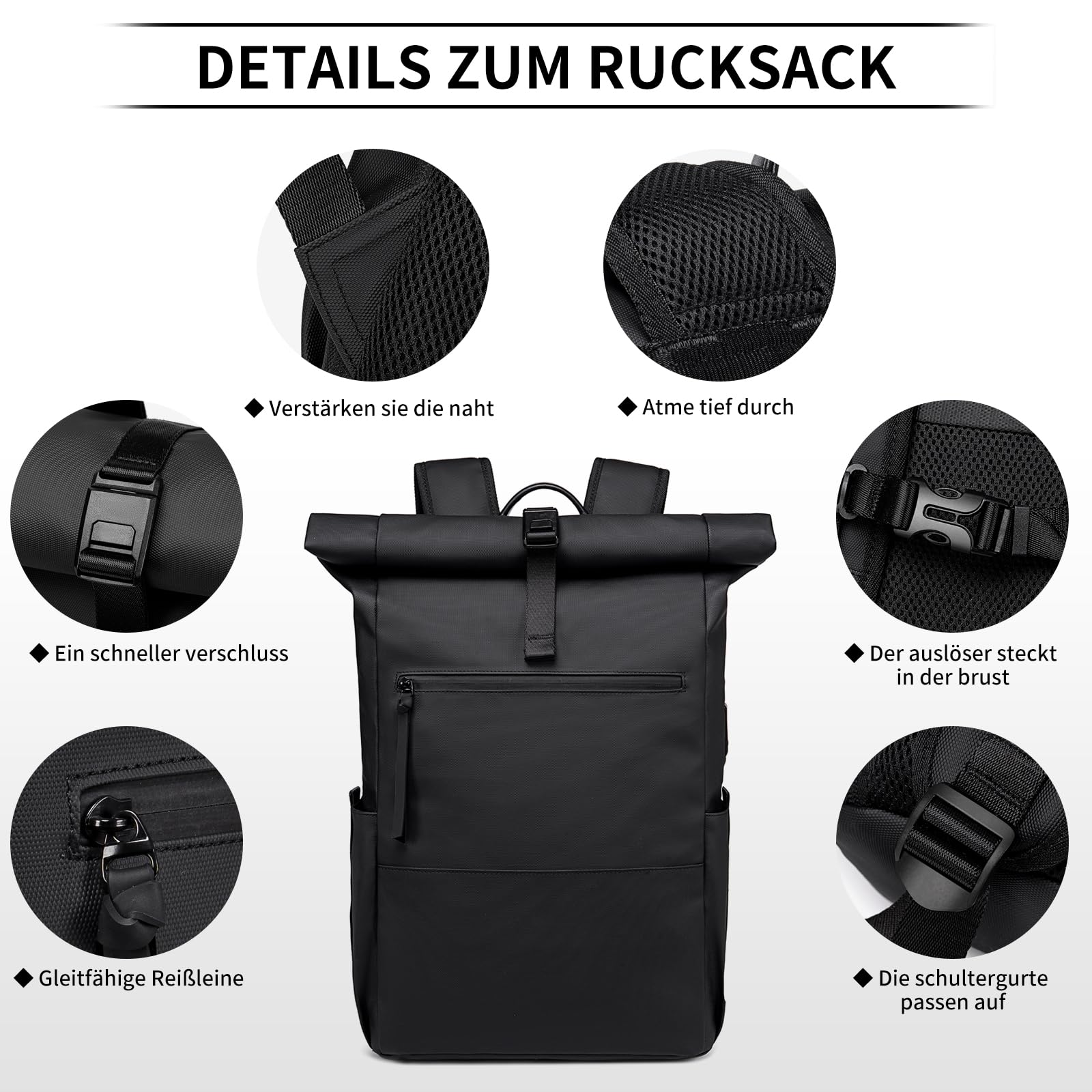 Rolltop Rucksack Damen Herren Großer Laptop Rucksack Wasserdichter mit Computerfach 16 Zoll Rucksäcke Schulrucksack Wasserfester Reiserucksack Handgepäck Flugzeug Arbeit Reisen