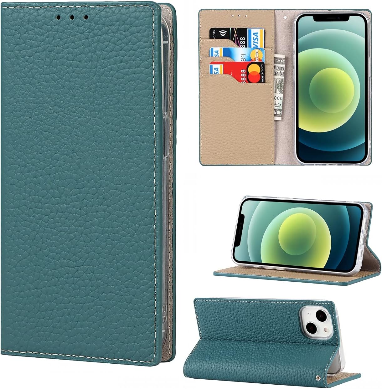 CAVOR Mobile Phone Case Compatible with iPhone 13 Case Flip Genuine Leather Wallet Mobile Phone Case 3 Card Slots Magnetic RFID Blocker Flip Case Compatible with iPhone 13 - Sky Blue