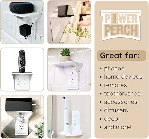Miniatura 3 de Power Perch - Estante horizontal de pared con correa de almacenamiento de cable, despeja y recupera el espacio de la encimera del baño, soporte