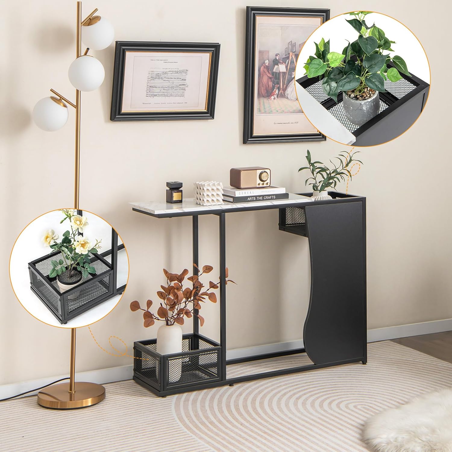 Giantex 43.5" Console Table for Entryway - Modern Entry Table with Faux Marble Top, 2 Mesh Storage Compartments, Metal Frame, Foyer Table, Narrow Sofa Table for Living Room, Hallway, White + Black