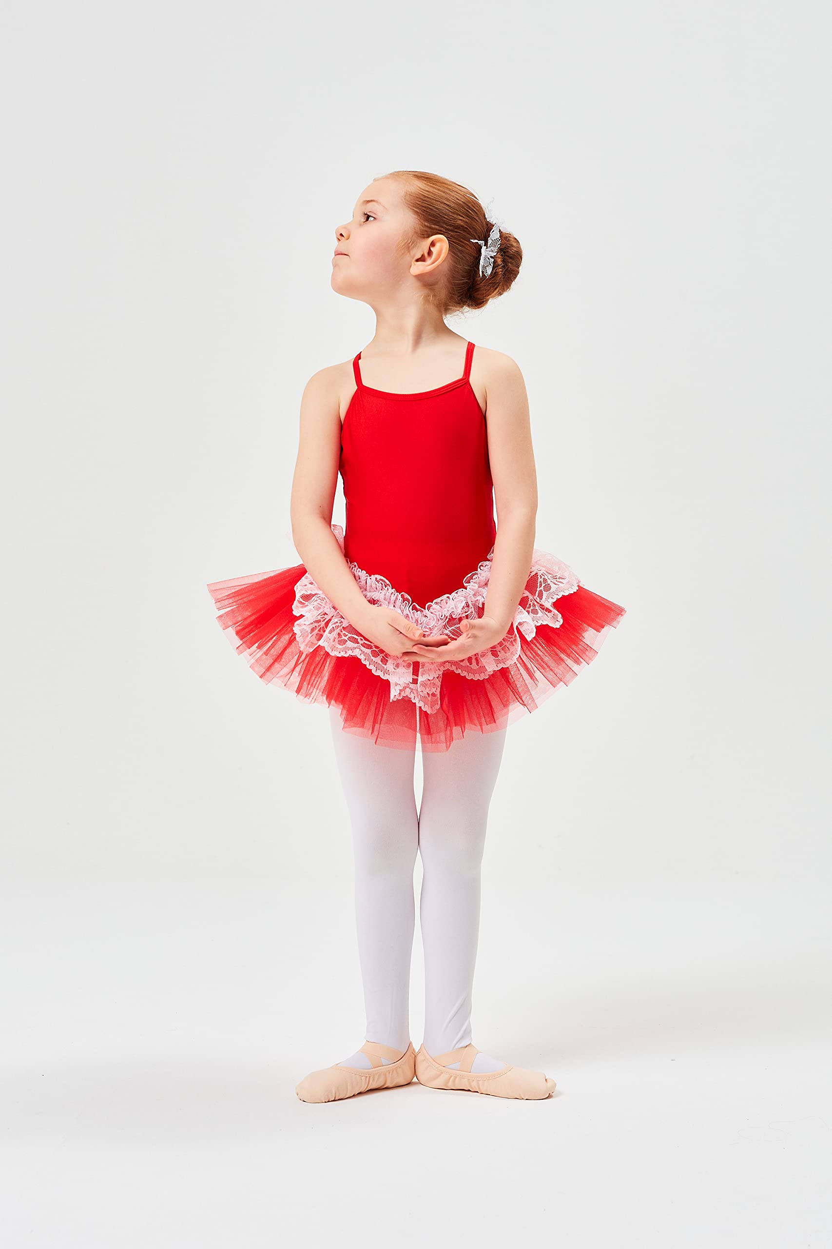 tanzmuster Ballettkleid Tutu Mädchen - Antonia - Gr. 92-170 - 3 Lagen Tüll und Spitze - glänzendes Lycra - Ballett Trikot mit Tüllrock in rot, Größe:92/98