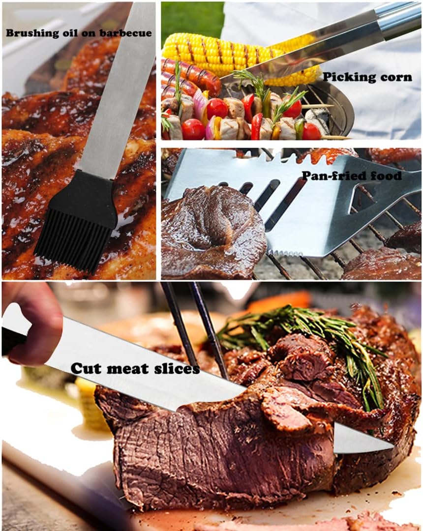 6PCS BBQ Accessories Stainless Steel Grill Tools Set,with Extra Thick Spatula, Fork, Tongs & Cleaning Brush,for Travel, Outdoor Perfect Grill Gifts for Men