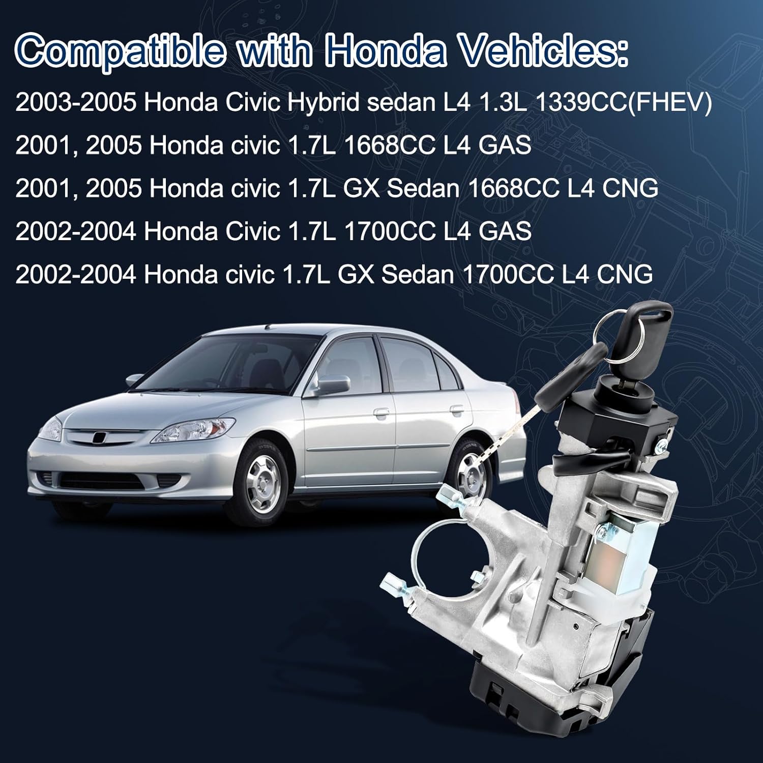 Ignition Assembly - Ignition Lock Cylinder & Housing with 2 Keys (with Chip) Compatible with Honda Civic 1.3L 2003-2005, Honda Civic 1.7L 2001-2005 Ignition Switch Lock Cylinder
