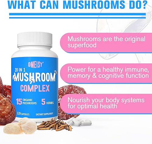 Miniatura 9 de Suplemento de hongos de 2600 mg, complejo de hongos 20 en 1, con melena de león, cordyceps, reishi, cola de pavo, Chaga - Suplementos cerebrales
