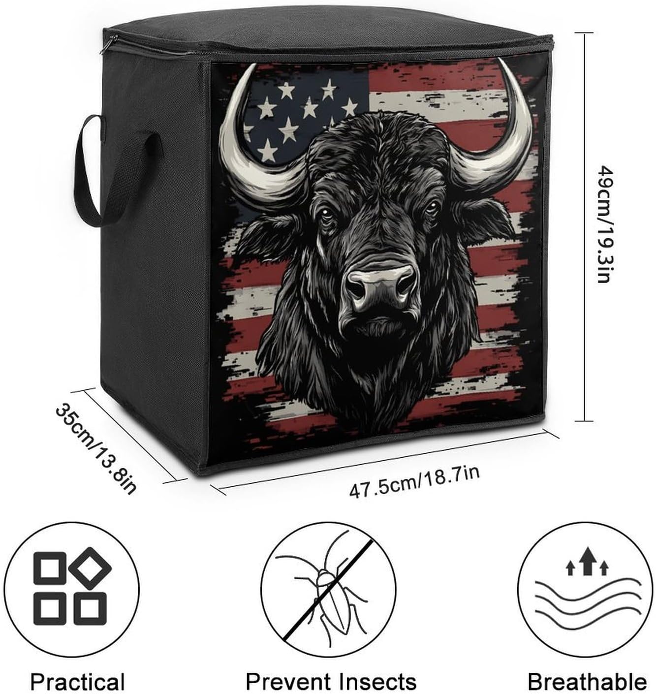 U.S.A Flag Buffalo Bison Bull Cow Large Comforter Blanket Storage Bags Bins 70L Closet Organizer with Handles