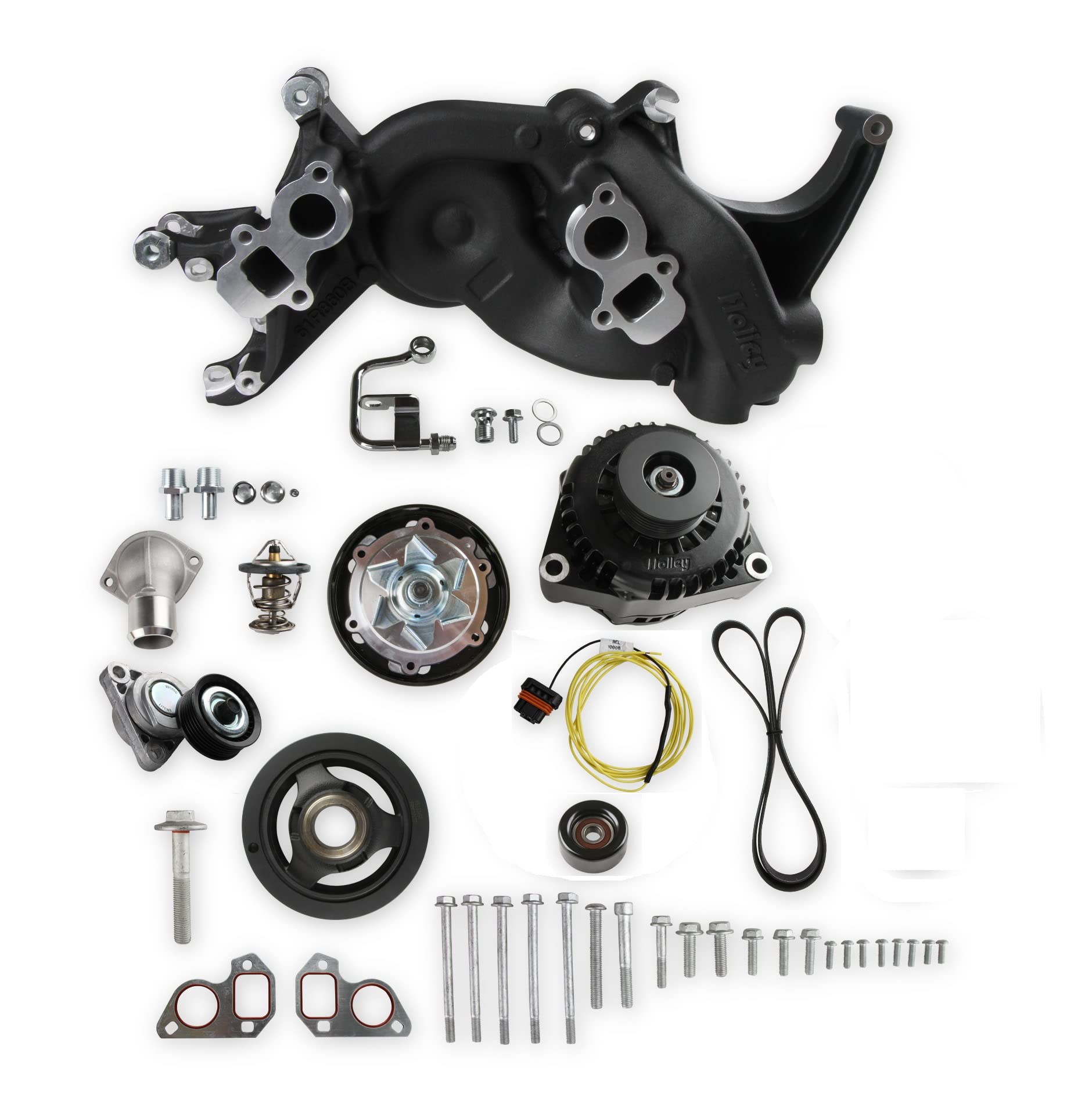 Holley LS Swap Complete Front Accessory Serpentine Drive System | Mid-Mount with Water Pump, Alternator | Gen III/IV 4.8/5.3/LS1/LS2/LS3/LS6 Black