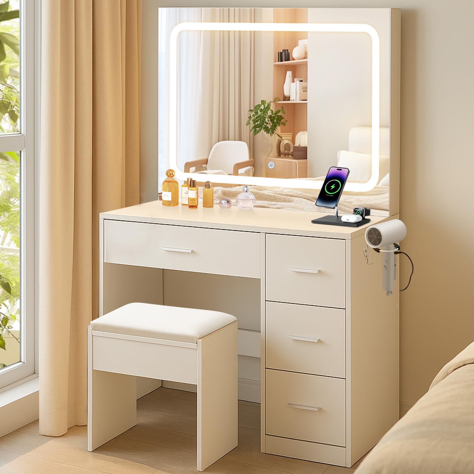 LEMROE Dressing Table with LED Mirror and Stool, Vanity Makeup Table Set with 5 Drawers, Power Sockets & Hair Dryer Rack, Adjustable Brightness for Bedroom Women Girls