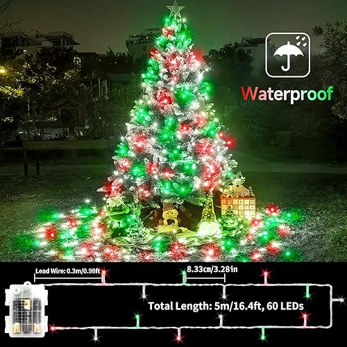 Miniatura 2 de 1 paquete de 60 luces LED de 16.4 pies cada uno, 16.4 pies, funciona con pilas, luces de árbol para interiores y exteriores, con temporizador, 8